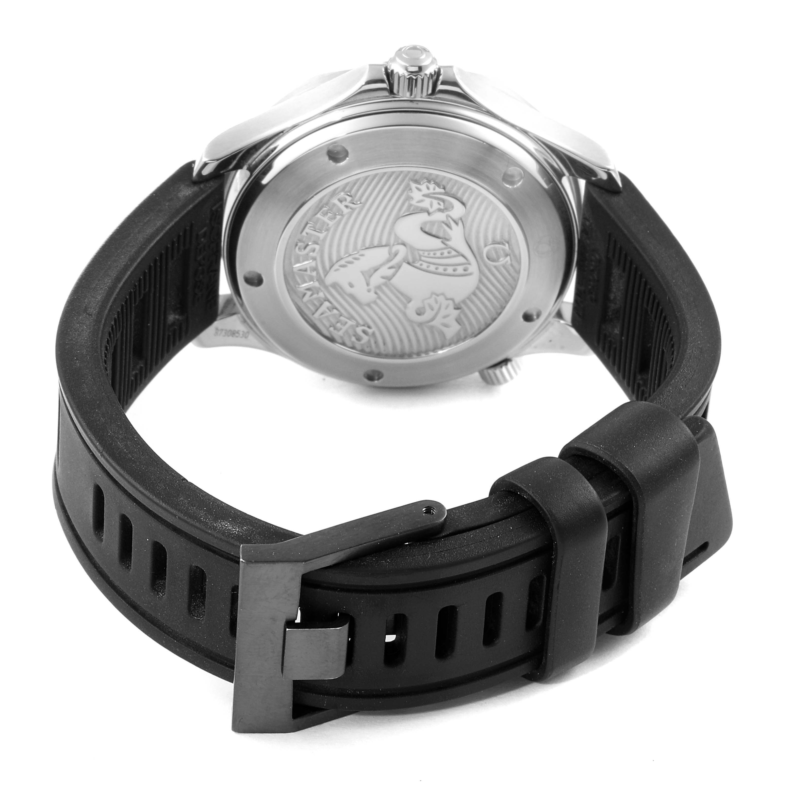 The image shows the back view of an Omega Seamaster 212.30.41.20.01.003 Men
s Stainless Steel Black Dial 212.30.41.20.01.003 Men
s Stainless Steel Black Dial watch, highlighting its stainless steel case back and black rubber strap.