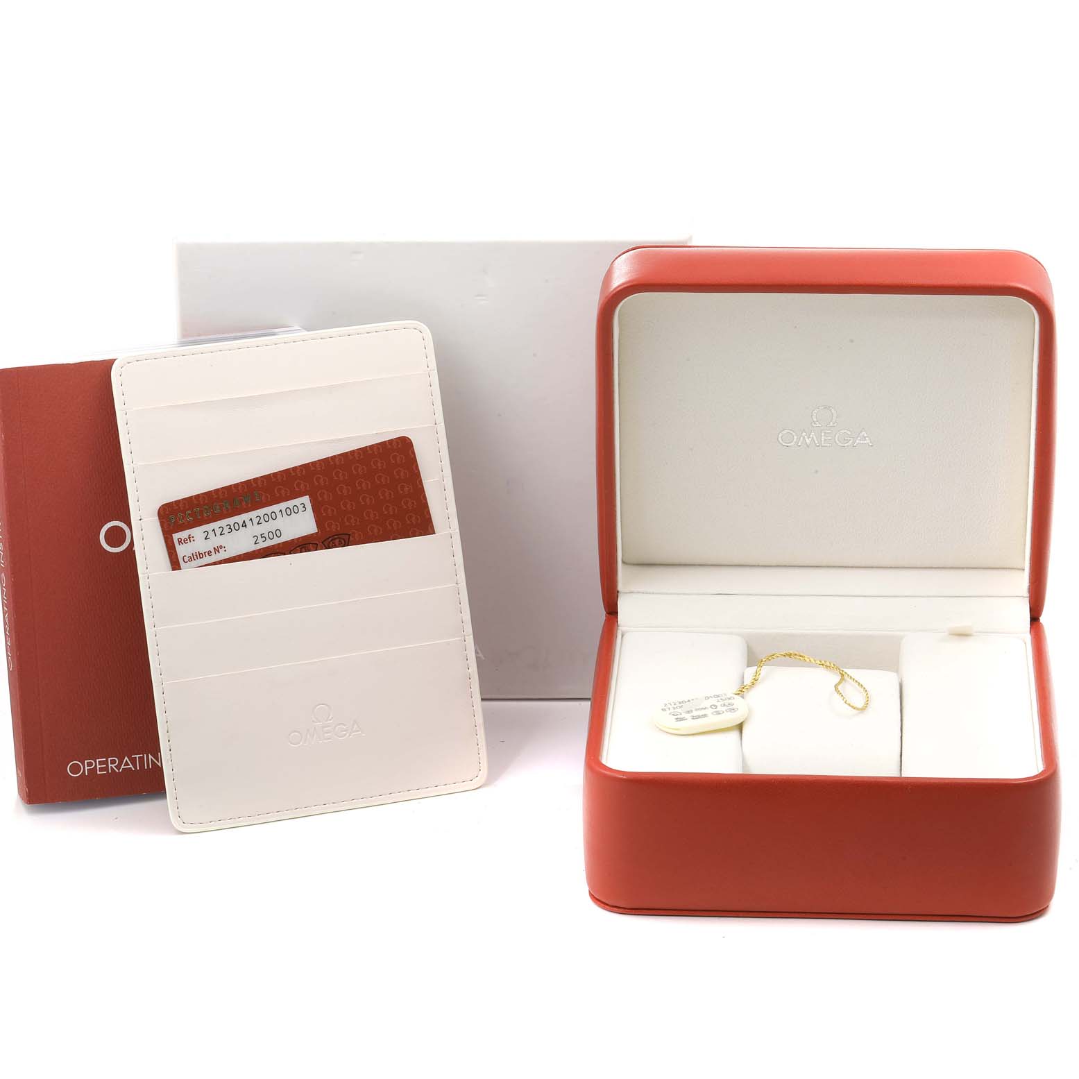 The image shows the Omega Seamaster 212.30.41.20.01.003 Men
s Stainless Steel Black Dial 212.30.41.20.01.003 Men
s Stainless Steel Black Dial
s box, warranty card holder, operating instructions, and a hang tag from a straight-on angle.