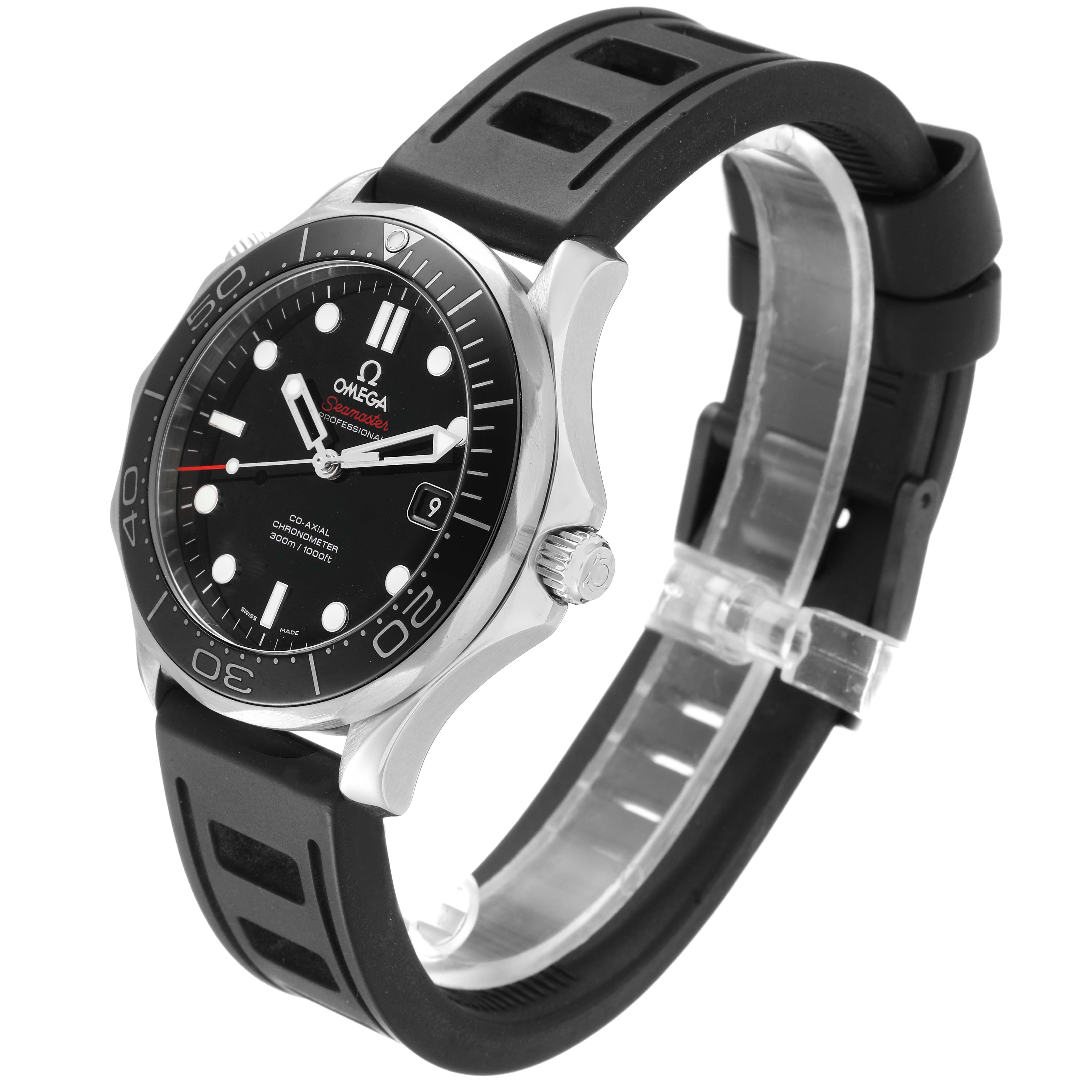 The Omega Seamaster 212.30.41.20.01.003 Men
s Stainless Steel Black Dial 212.30.41.20.01.003 Men
s Stainless Steel Black Dial watch is shown at a slight angle, displaying the face, bezel, crown, and black rubber strap.