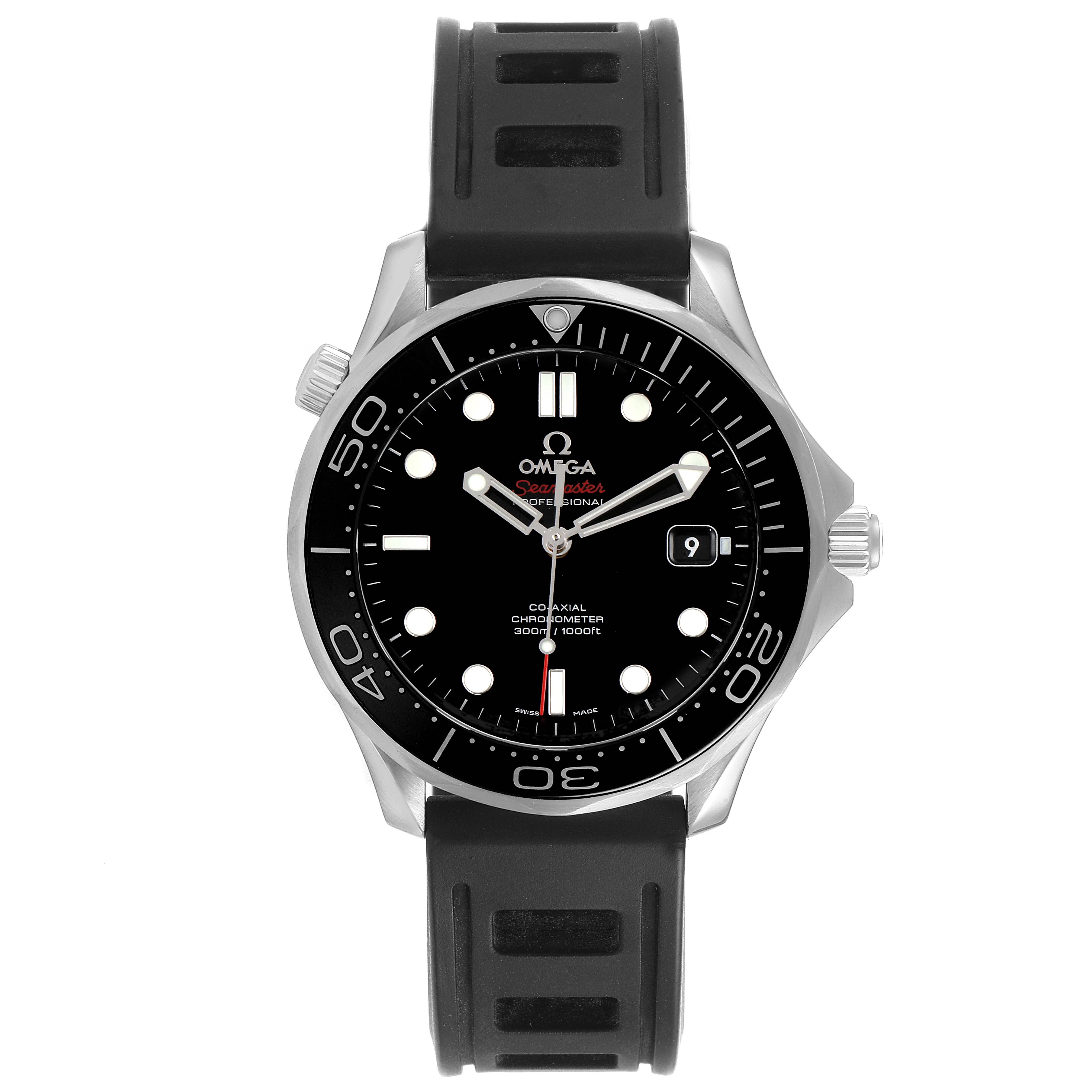 The Omega Seamaster 212.30.41.20.01.003 Men
s Stainless Steel Black Dial 212.30.41.20.01.003 Men
s Stainless Steel Black Dial watch is shown from the front, displaying the black dial, bezel, hands, markers, and black strap.