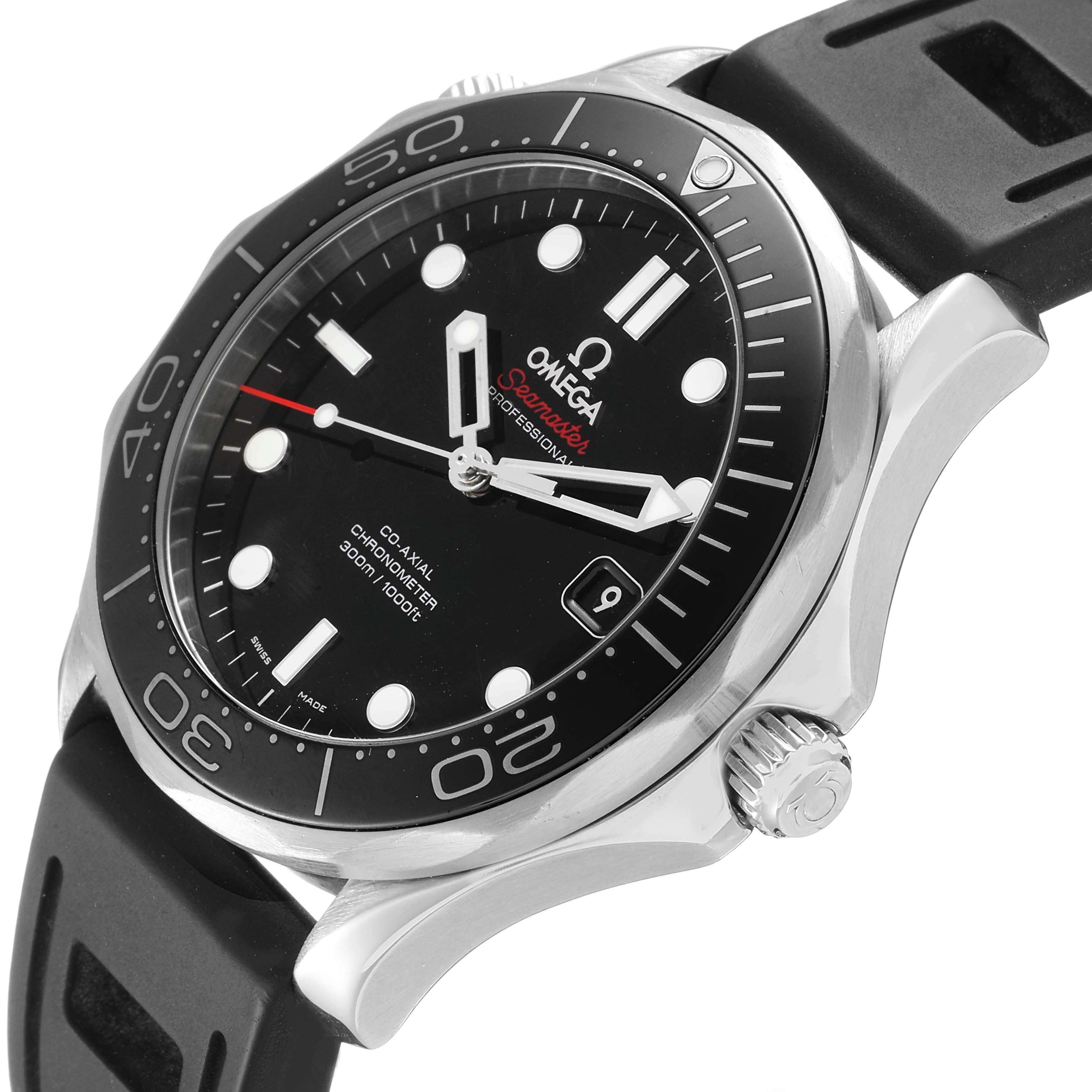 The image displays an Omega Seamaster 212.30.41.20.01.003 Men
s Stainless Steel Black Dial 212.30.41.20.01.003 Men
s Stainless Steel Black Dial watch at an angle showcasing the face, bezel, crown, and part of the strap.