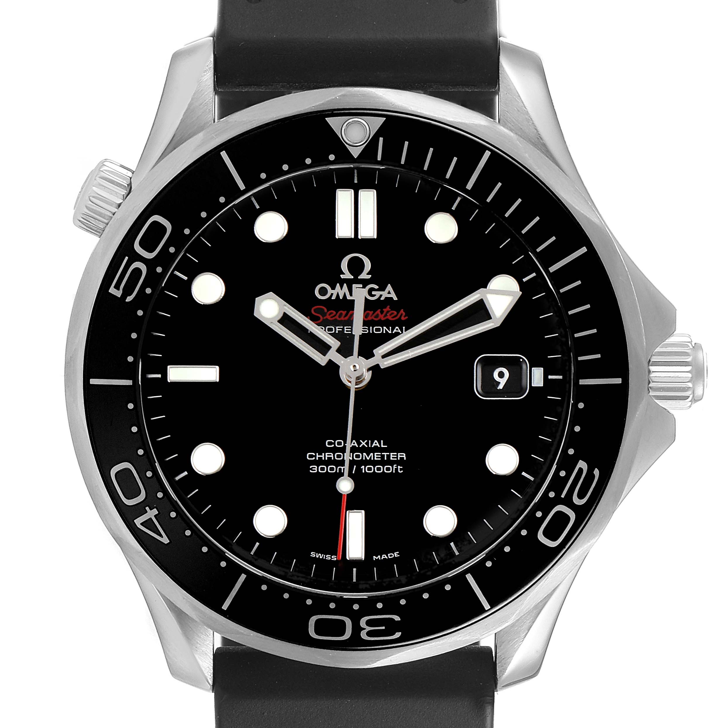 The image shows a front view of the Omega Seamaster 212.30.41.20.01.003 Men
s Stainless Steel Black Dial 212.30.41.20.01.003 Men
s Stainless Steel Black Dial watch, highlighting the dial, bezel, and crown.