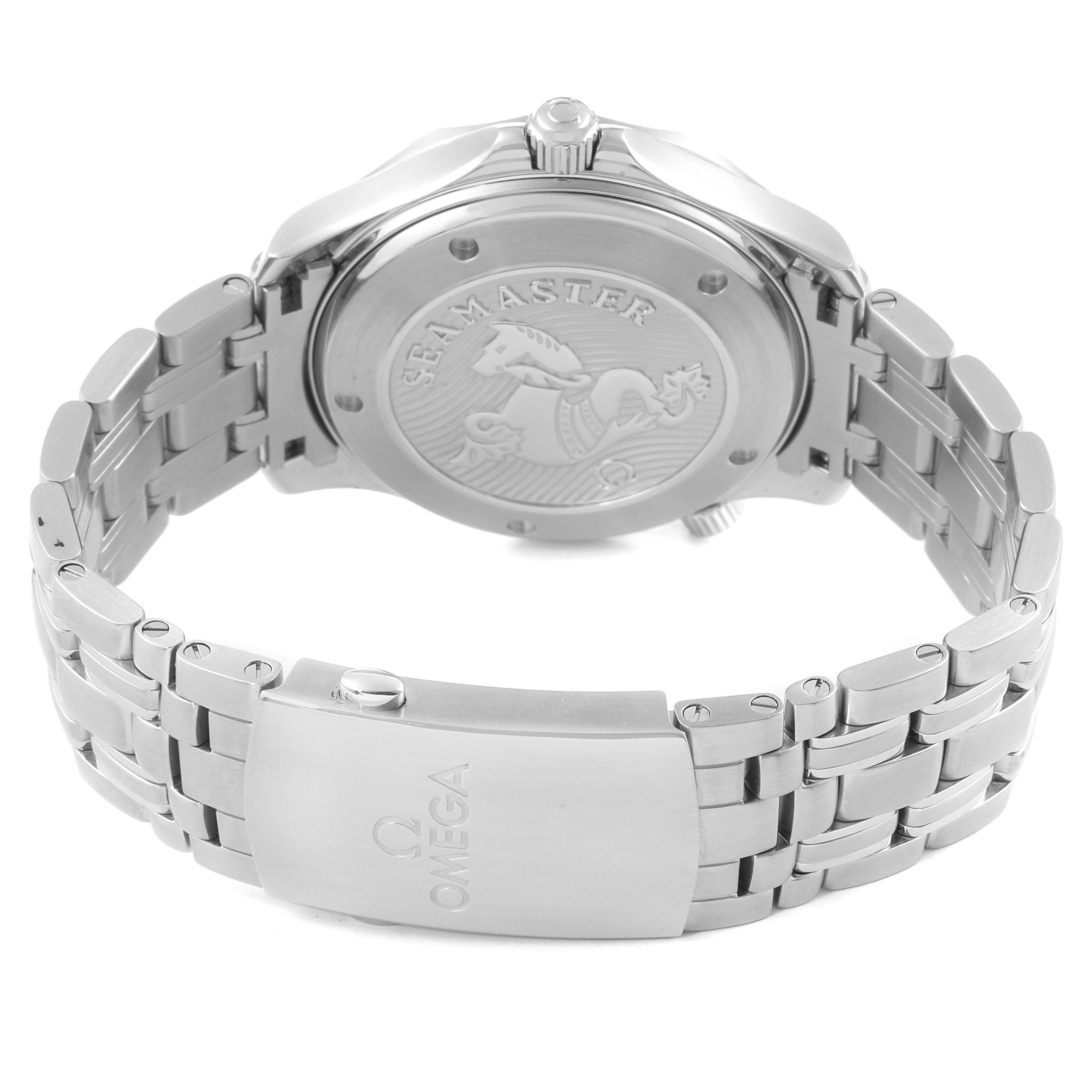 This image shows the back case and metal bracelet of the Omega Seamaster 212.30.41.20.01.003 Men
s Stainless Steel Black Dial 212.30.41.20.01.003 Men
s Stainless Steel Black Dial watch.