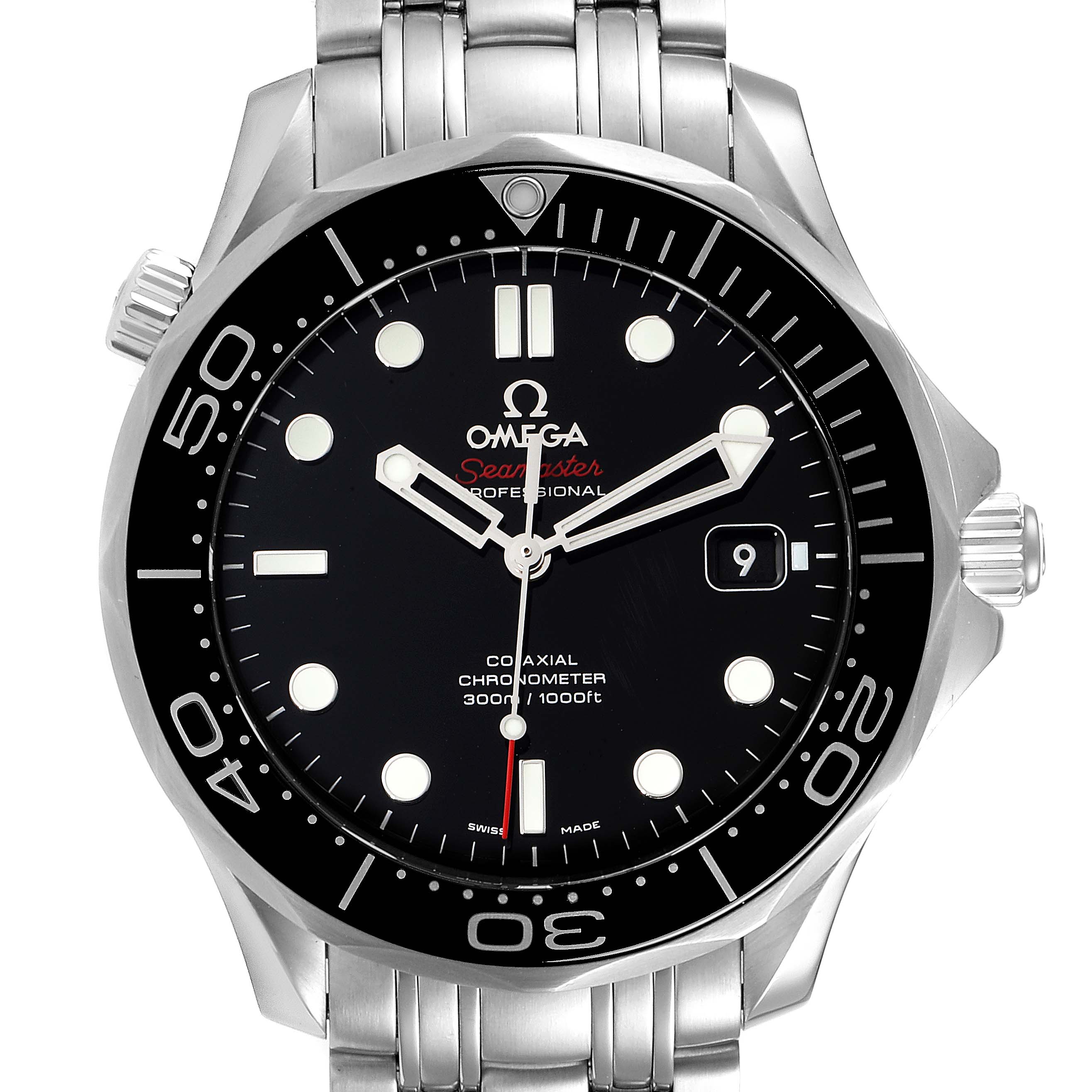 The image shows a front view of an Omega Seamaster 212.30.41.20.01.003 Men
s Stainless Steel Black Dial 212.30.41.20.01.003 Men
s Stainless Steel Black Dial watch, highlighting the dial, bezel, and bracelet.