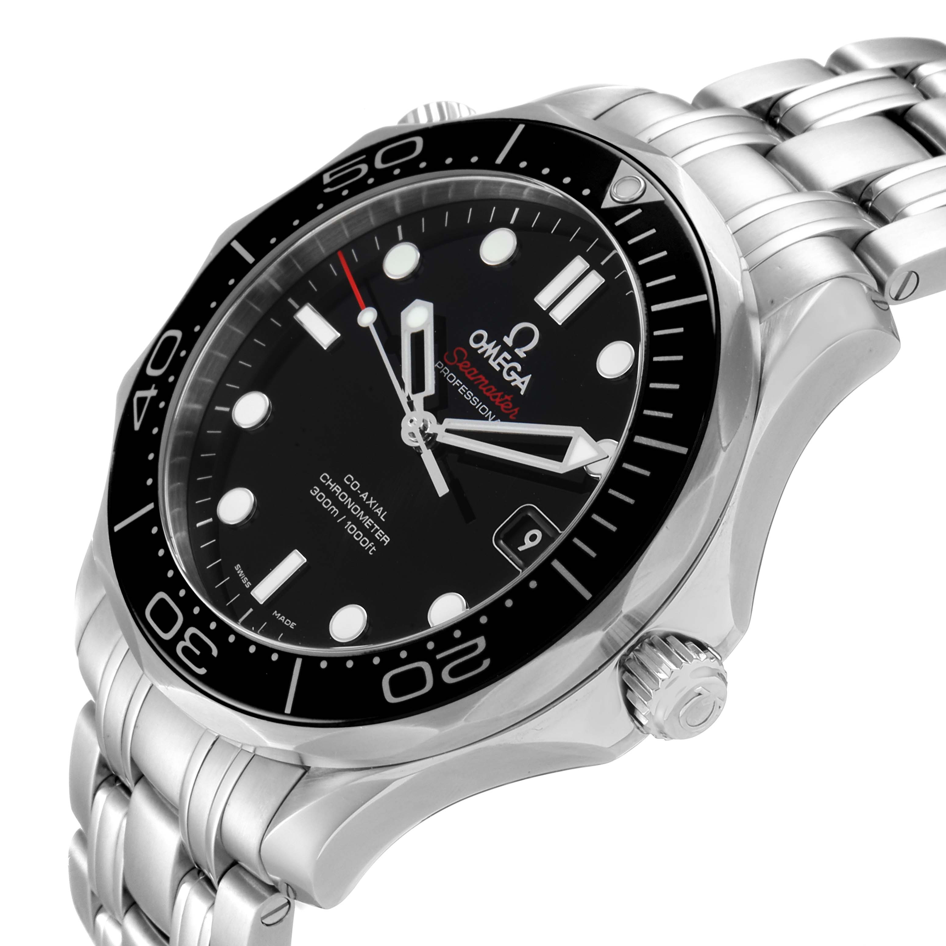 The Omega Seamaster 212.30.41.20.01.003 Men
s Stainless Steel Black Dial 212.30.41.20.01.003 Men
s Stainless Steel Black Dial watch is shown at an angled view, highlighting the dial, bezel, crown, and bracelet.