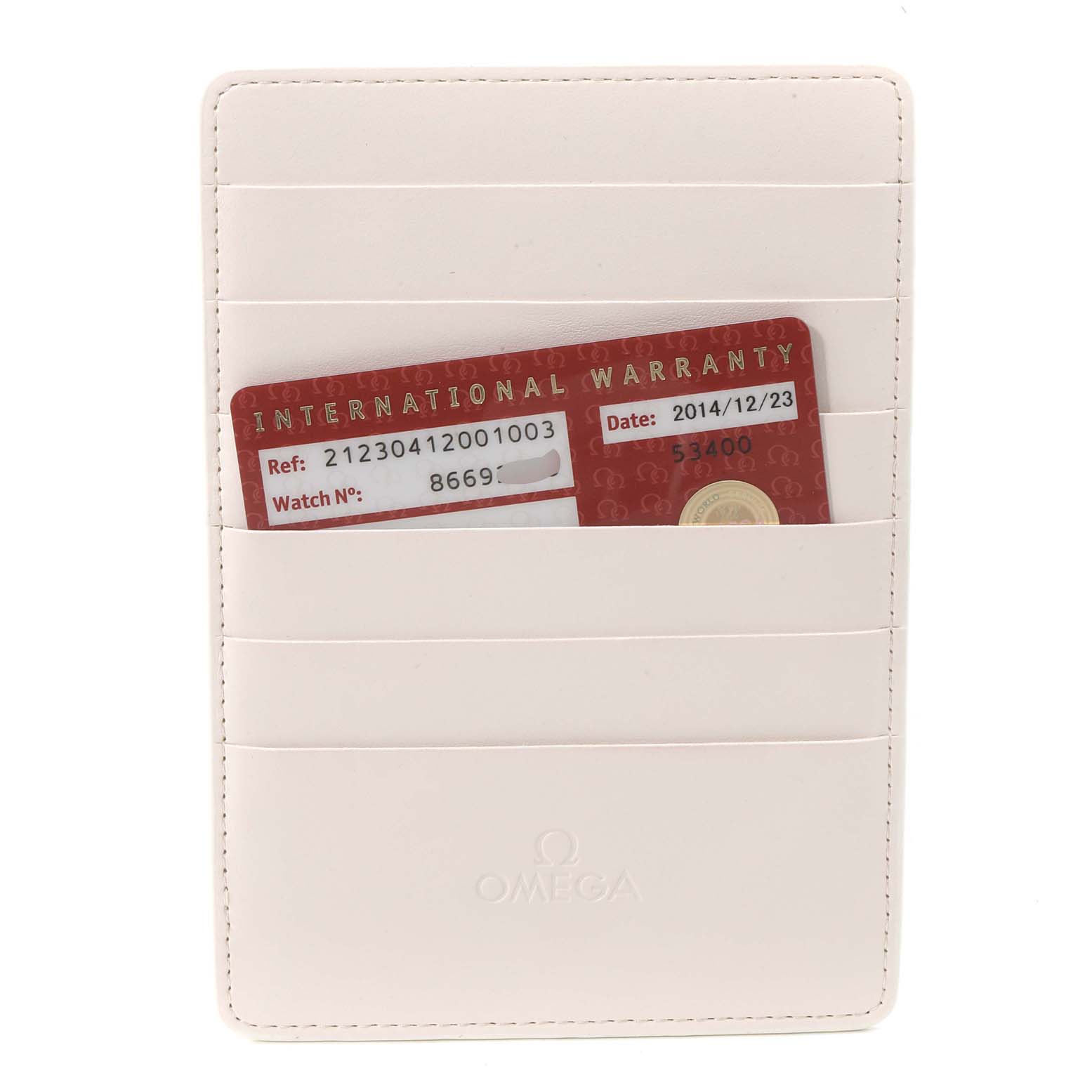 This image shows the International Warranty card for the Omega Seamaster 212.30.41.20.01.003 Men
s Stainless Steel Black Dial 212.30.41.20.01.003 Men
s Stainless Steel Black Dial watch, partially inserted into a white Omega holder.