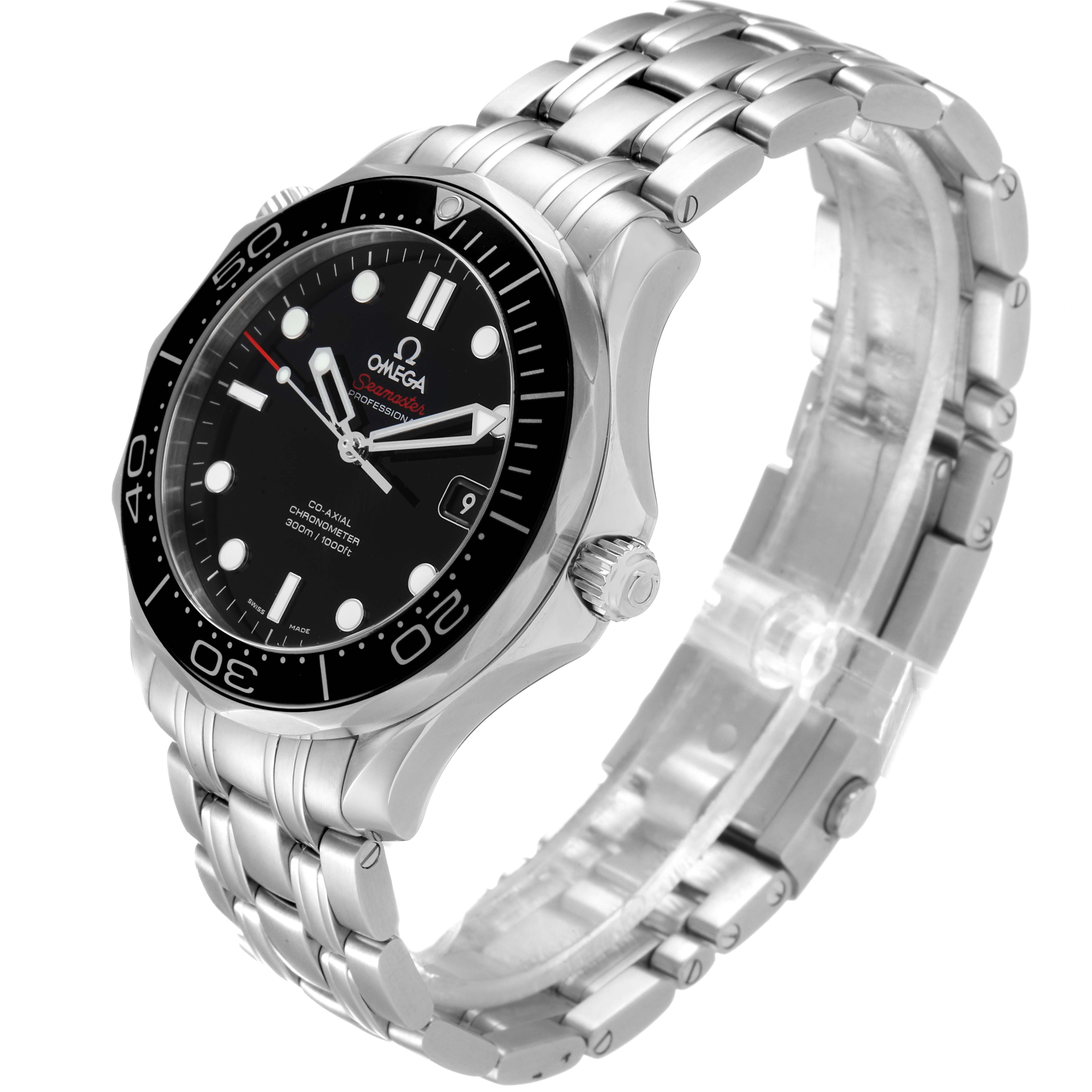 The Omega Seamaster 212.30.41.20.01.003 Men
s Stainless Steel Black Dial 212.30.41.20.01.003 Men
s Stainless Steel Black Dial watch is shown from an angled side view, highlighting the face, bezel, and bracelet.