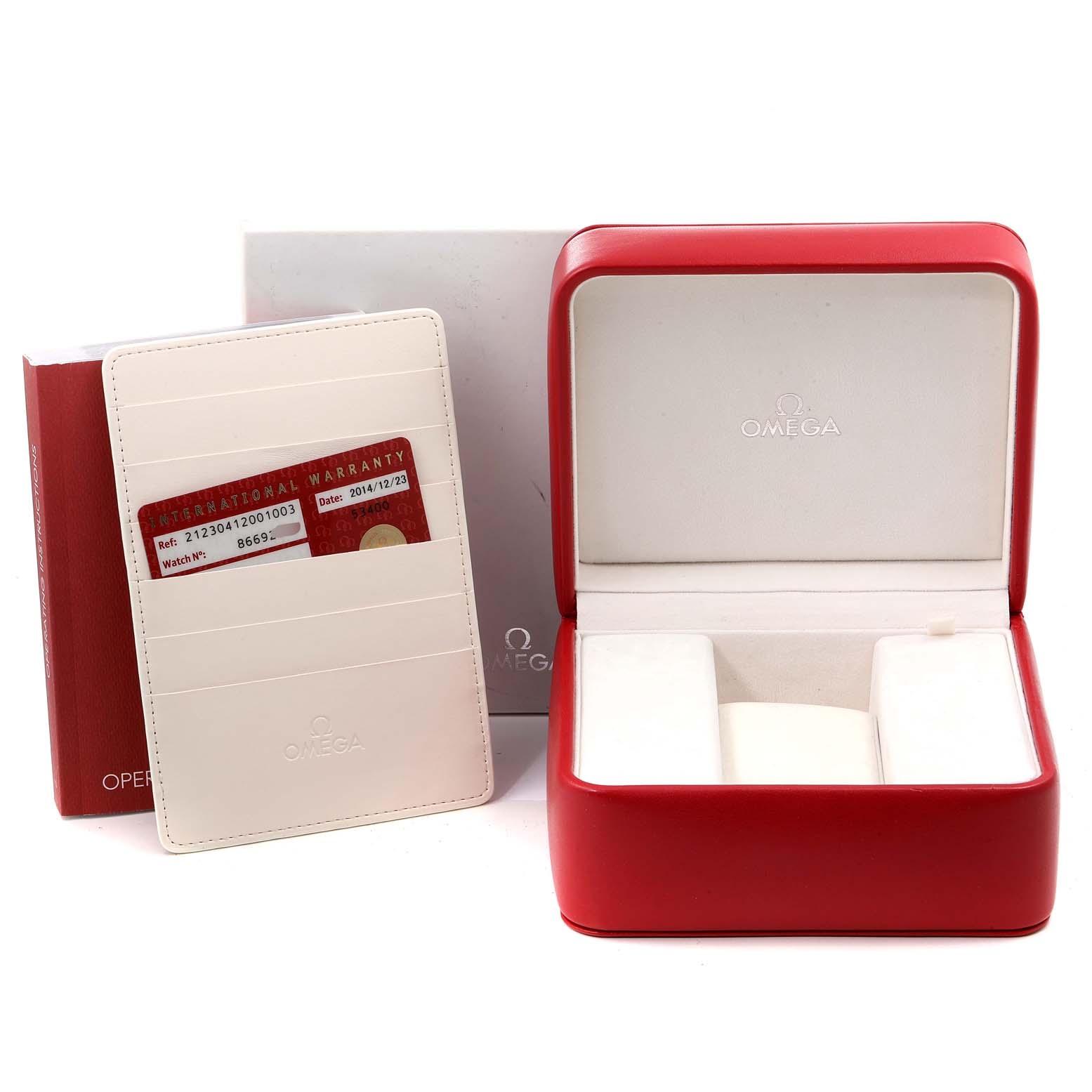 The image shows the packaging, warranty card, and storage box for an Omega Seamaster 212.30.41.20.01.003 Men
s Stainless Steel Black Dial 212.30.41.20.01.003 Men
s Stainless Steel Black Dial watch.