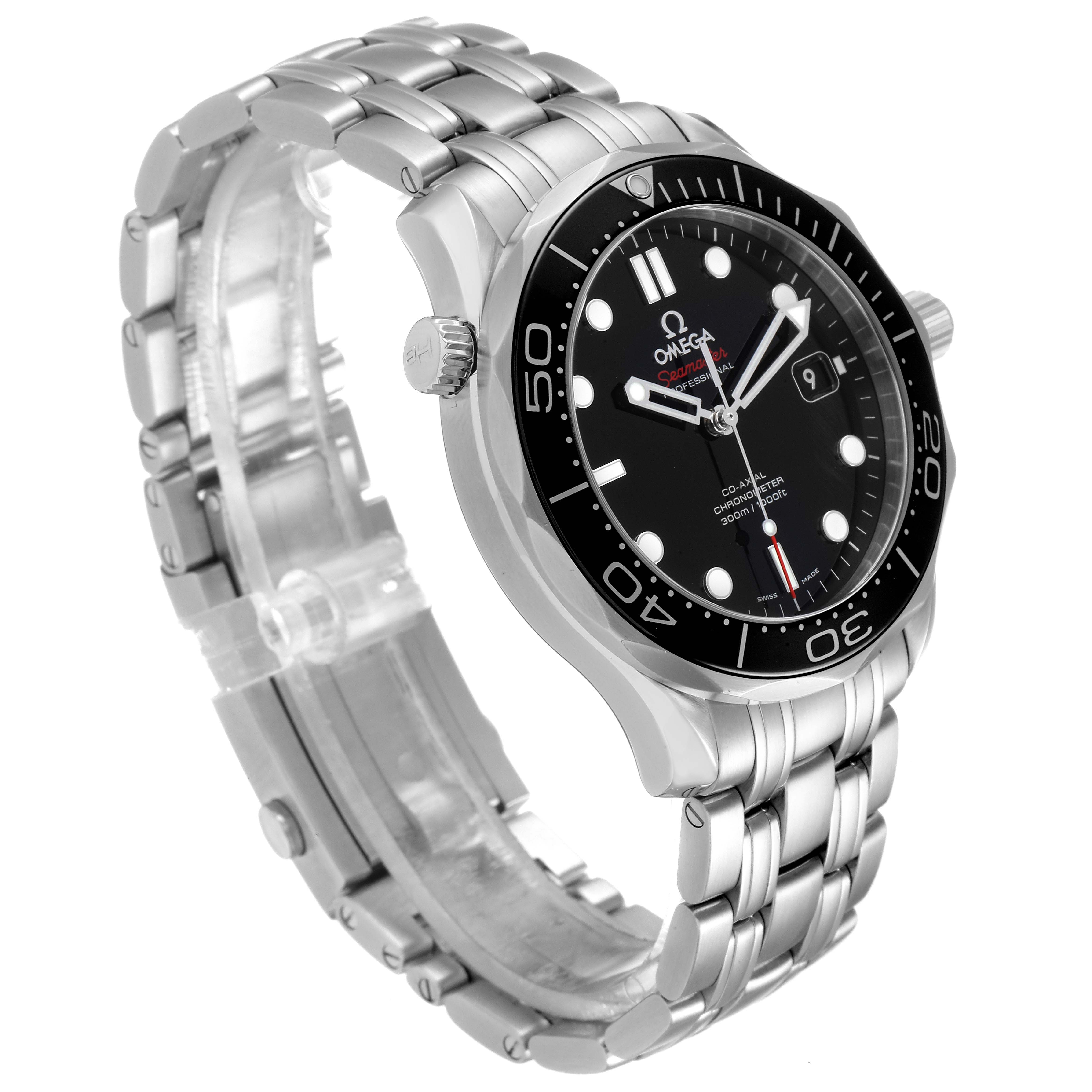 The image shows the Omega Seamaster 212.30.41.20.01.003 Men
s Stainless Steel Black Dial 212.30.41.20.01.003 Men
s Stainless Steel Black Dial watch displayed at a slight angle, highlighting the face, bezel, crown, and metal bracelet.