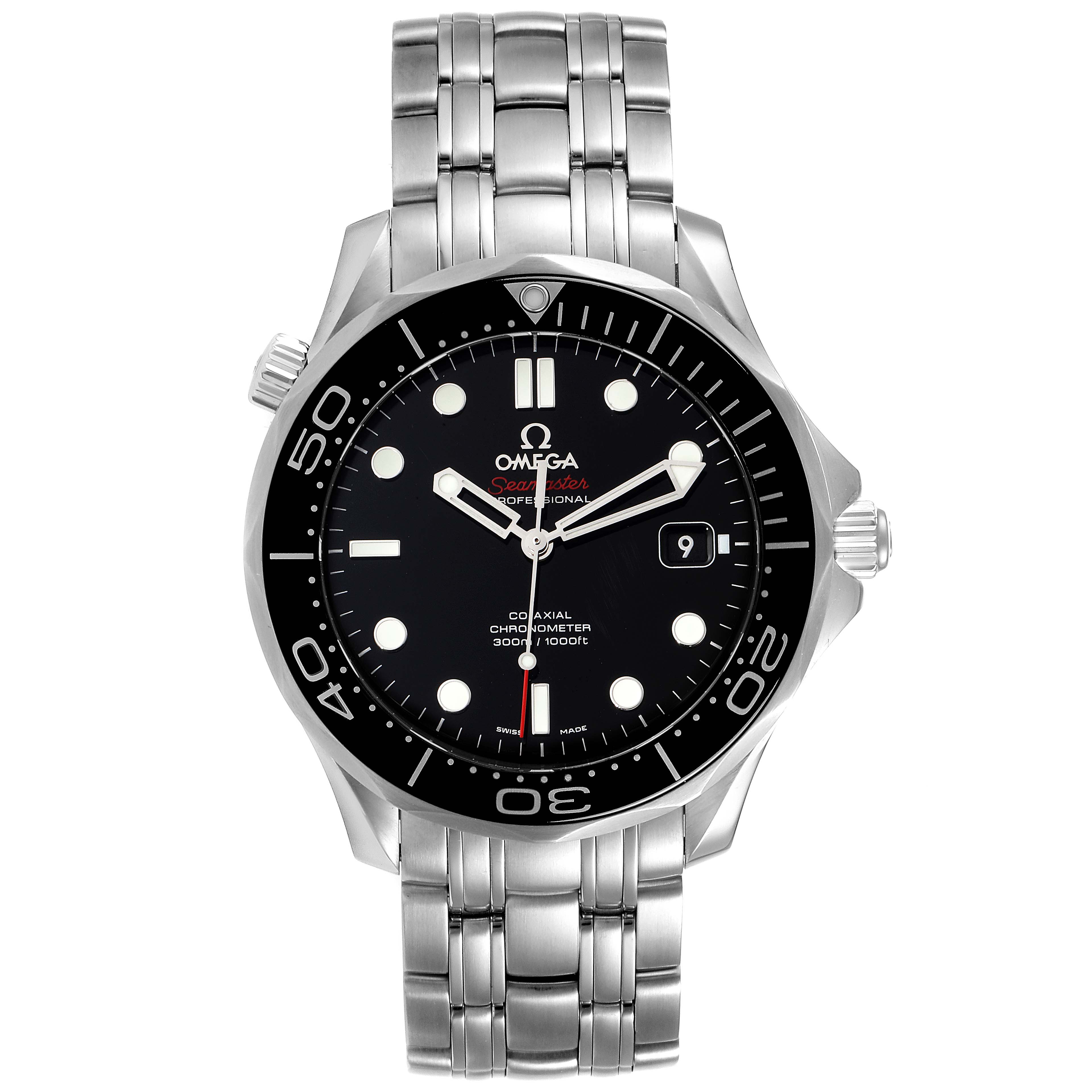 The image shows a frontal view of an Omega Seamaster 212.30.41.20.01.003 Men
s Stainless Steel Black Dial 212.30.41.20.01.003 Men
s Stainless Steel Black Dial watch, highlighting its dial, bezel, bracelet, and crown.