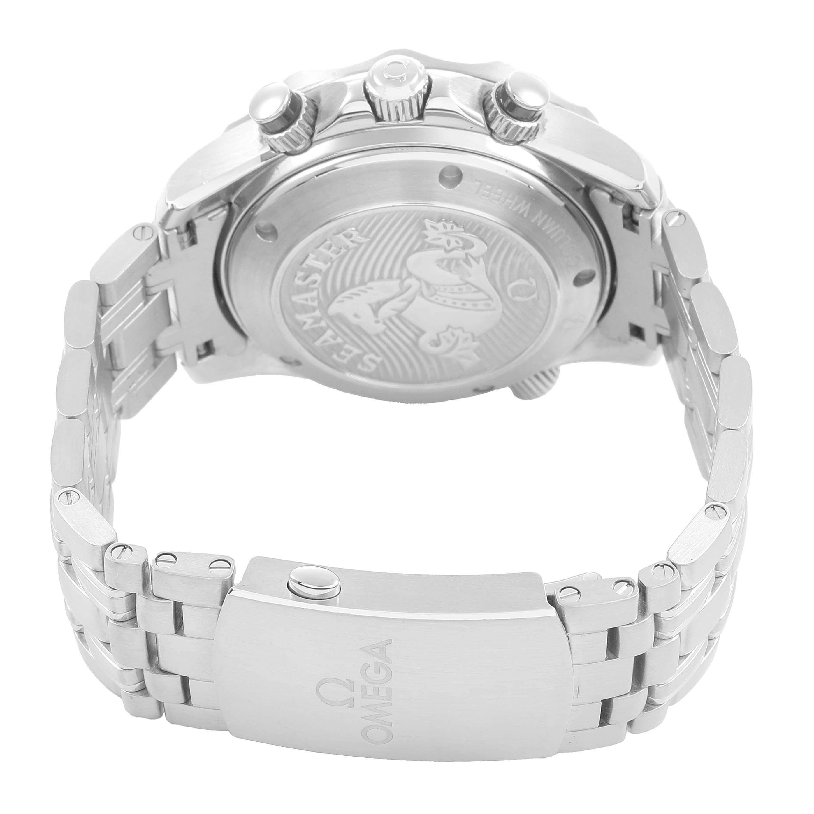 The image shows the back and part of the bracelet of the Omega Seamaster 212.30.42.50.01.001 Men's Stainless Steel Black Dial watch, highlighting the case back and clasp.