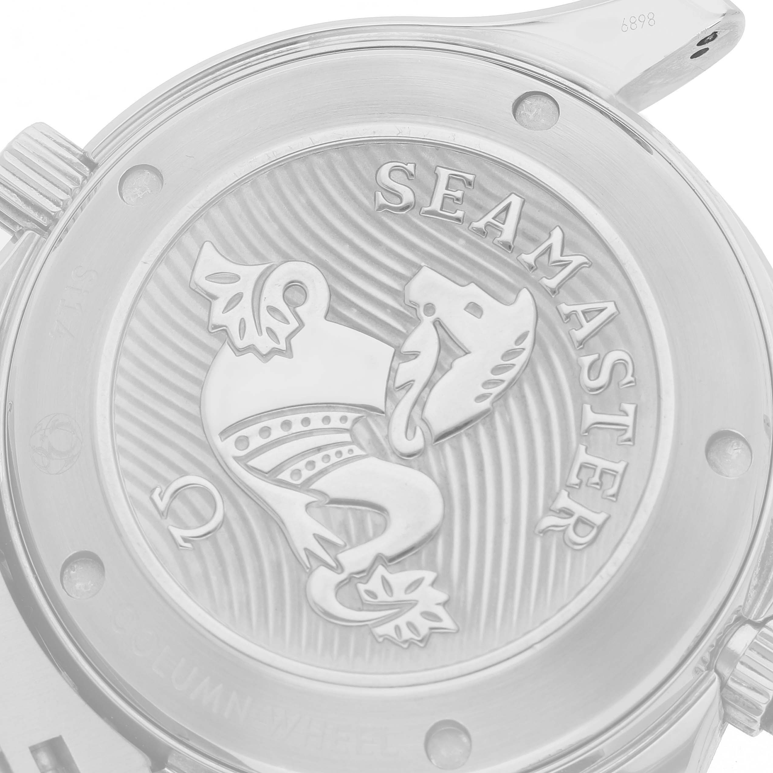 The image shows the case back of an Omega Seamaster 212.30.42.50.01.001 Men's Stainless Steel Black Dial watch, featuring embossed branding and design.