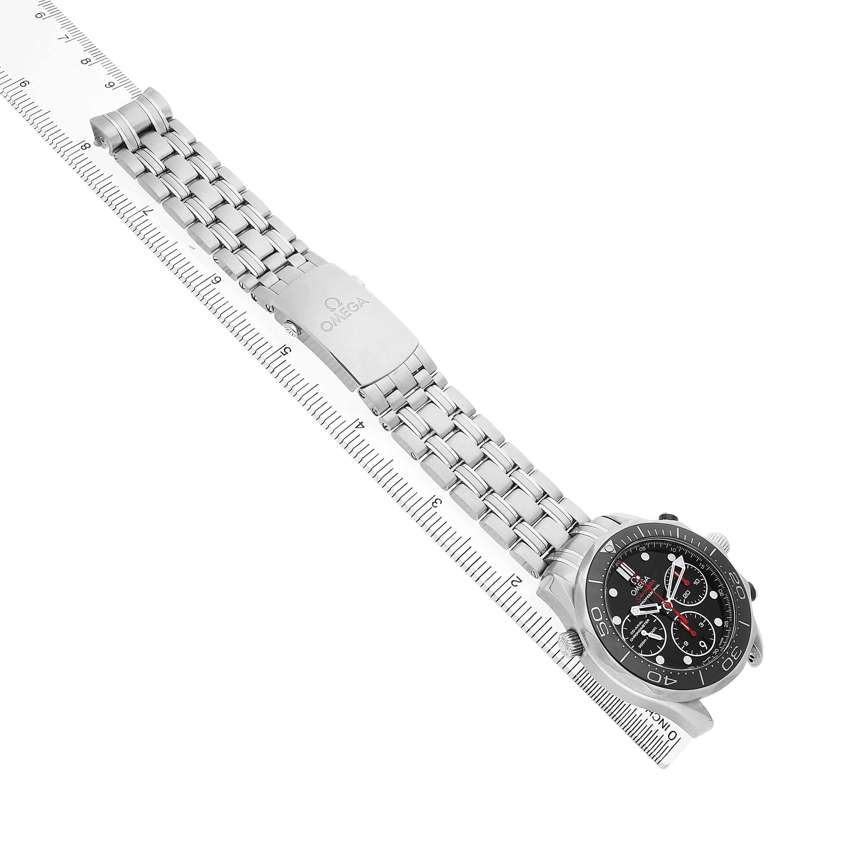 The Omega Seamaster 212.30.42.50.01.001 Men's Stainless Steel Black Dial watch is shown diagonally with a focus on its bracelet, clasp, and face.