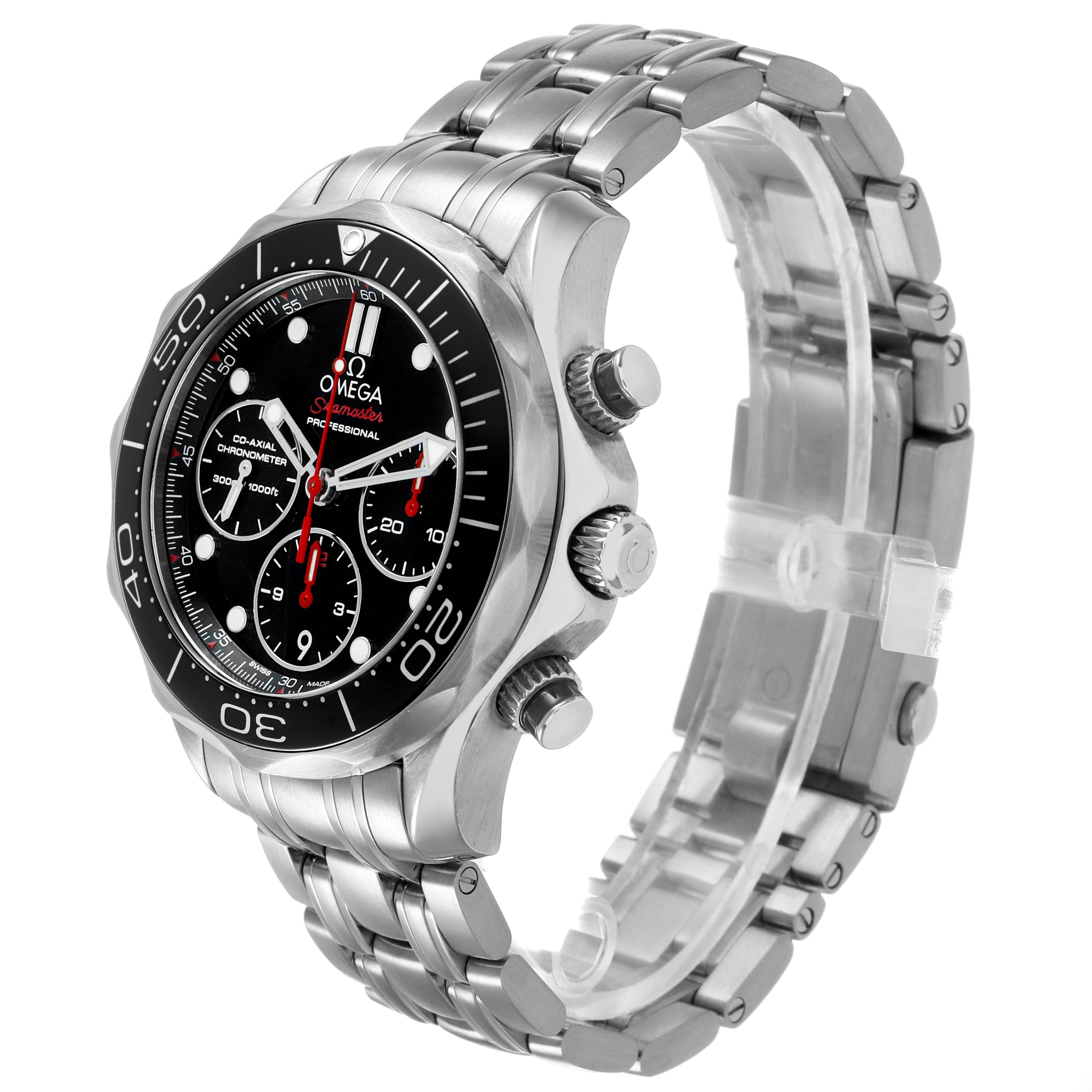 The Omega Seamaster 212.30.42.50.01.001 Men's Stainless Steel Black Dial watch is shown at a three-quarter angle, highlighting the dial, bezel, crown, pushers, and bracelet.