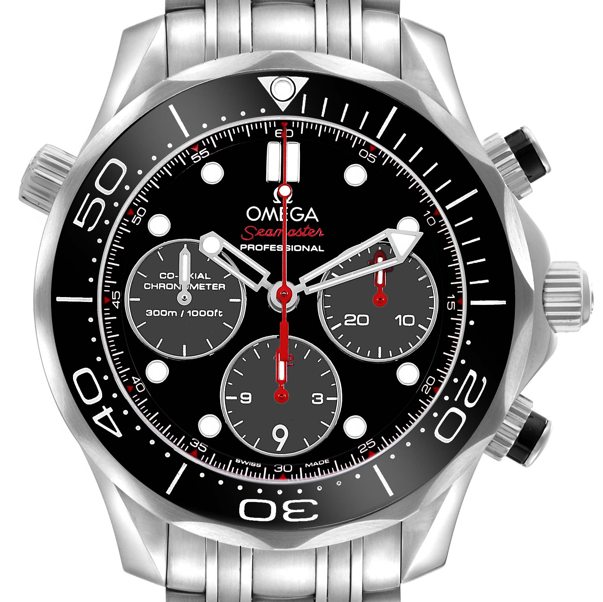 The Omega Seamaster 212.30.42.50.01.001 Men's Stainless Steel Black Dial watch is shown from the front, highlighting the bezel, subdials, and crown.
