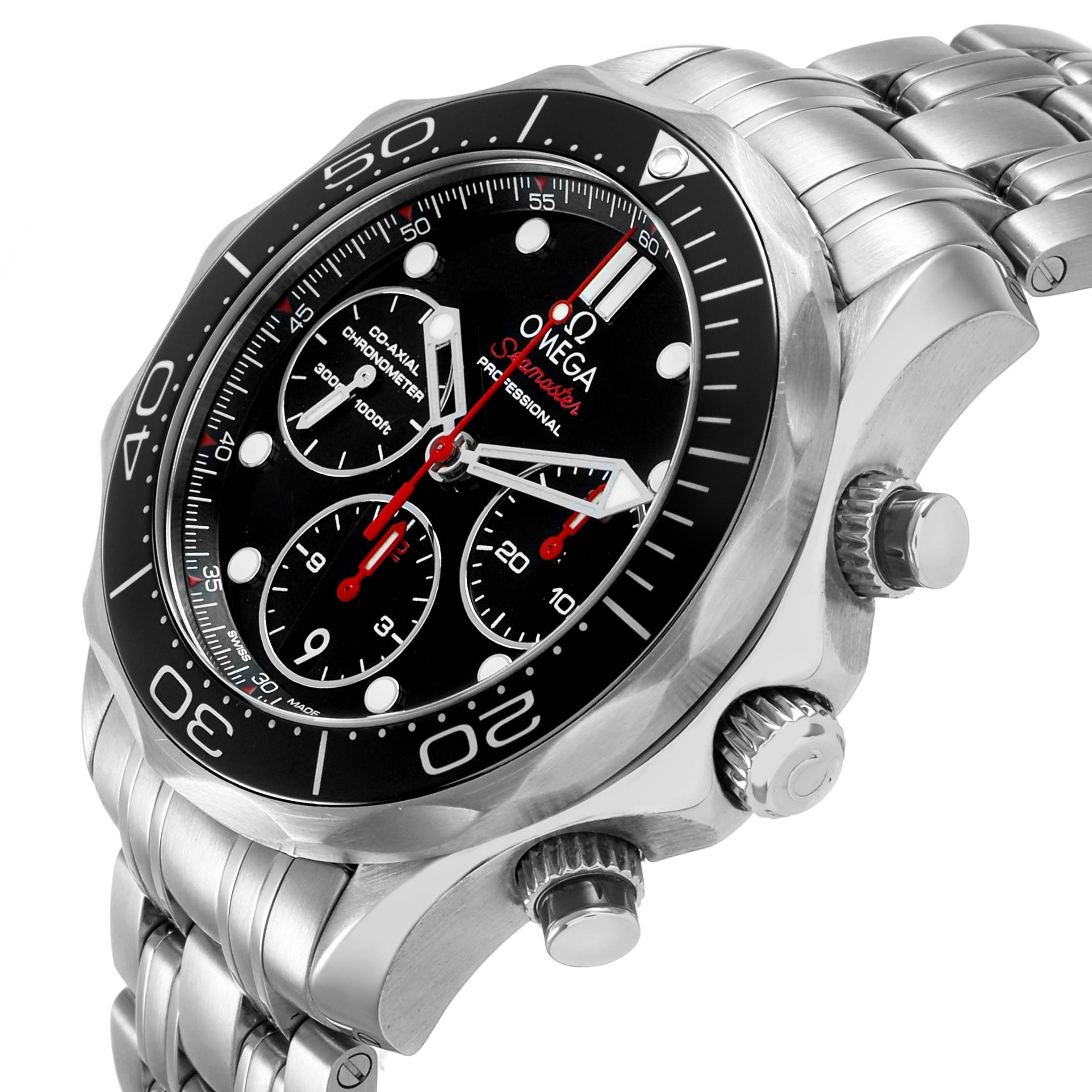 The Omega Seamaster 212.30.42.50.01.001 Men's Stainless Steel Black Dial watch is shown from a front-side angle, highlighting the bezel, dial, pushers, and bracelet.
