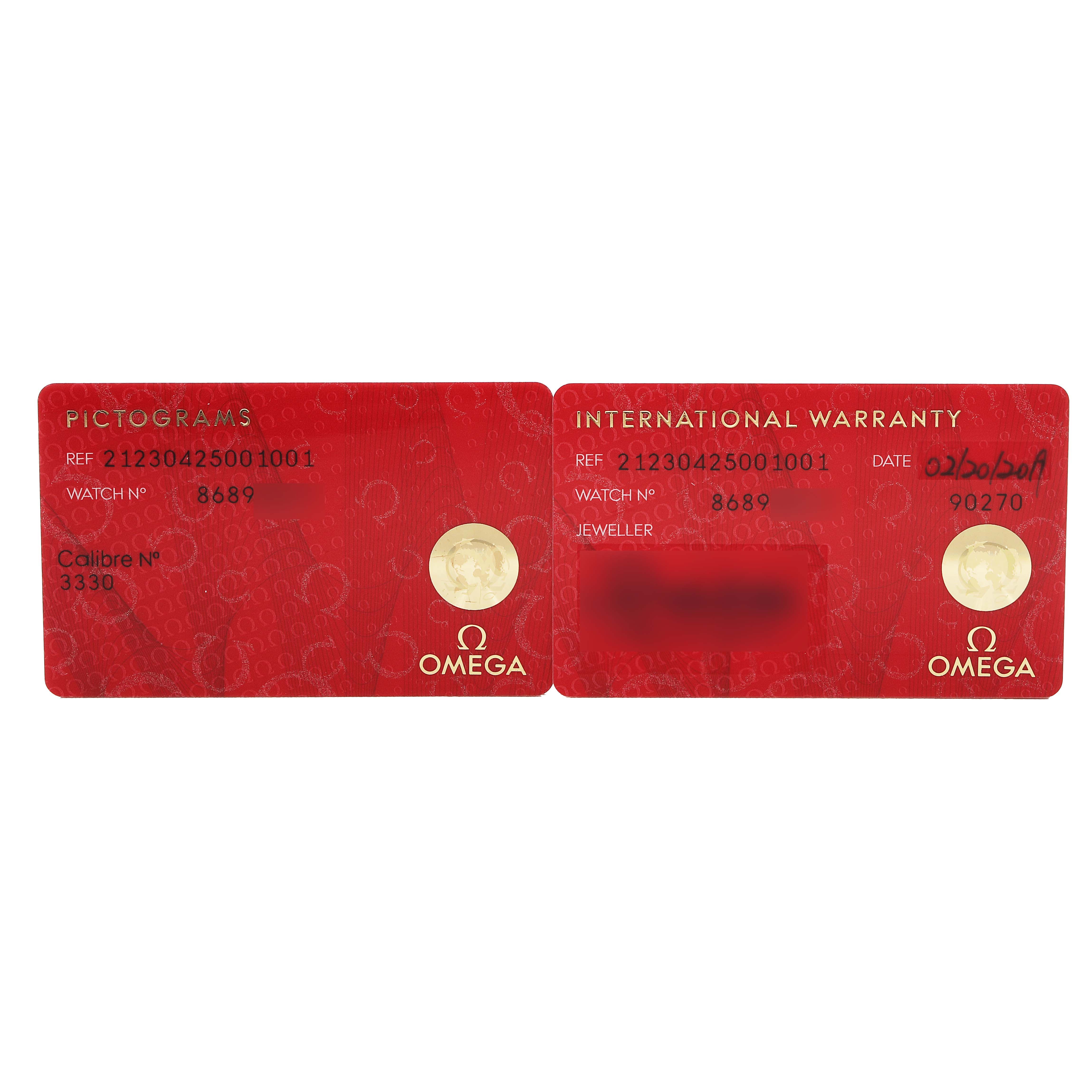 The image shows warranty and pictogram cards for the Omega Seamaster 212.30.42.50.01.001 Men's Stainless Steel Black Dial watch model.