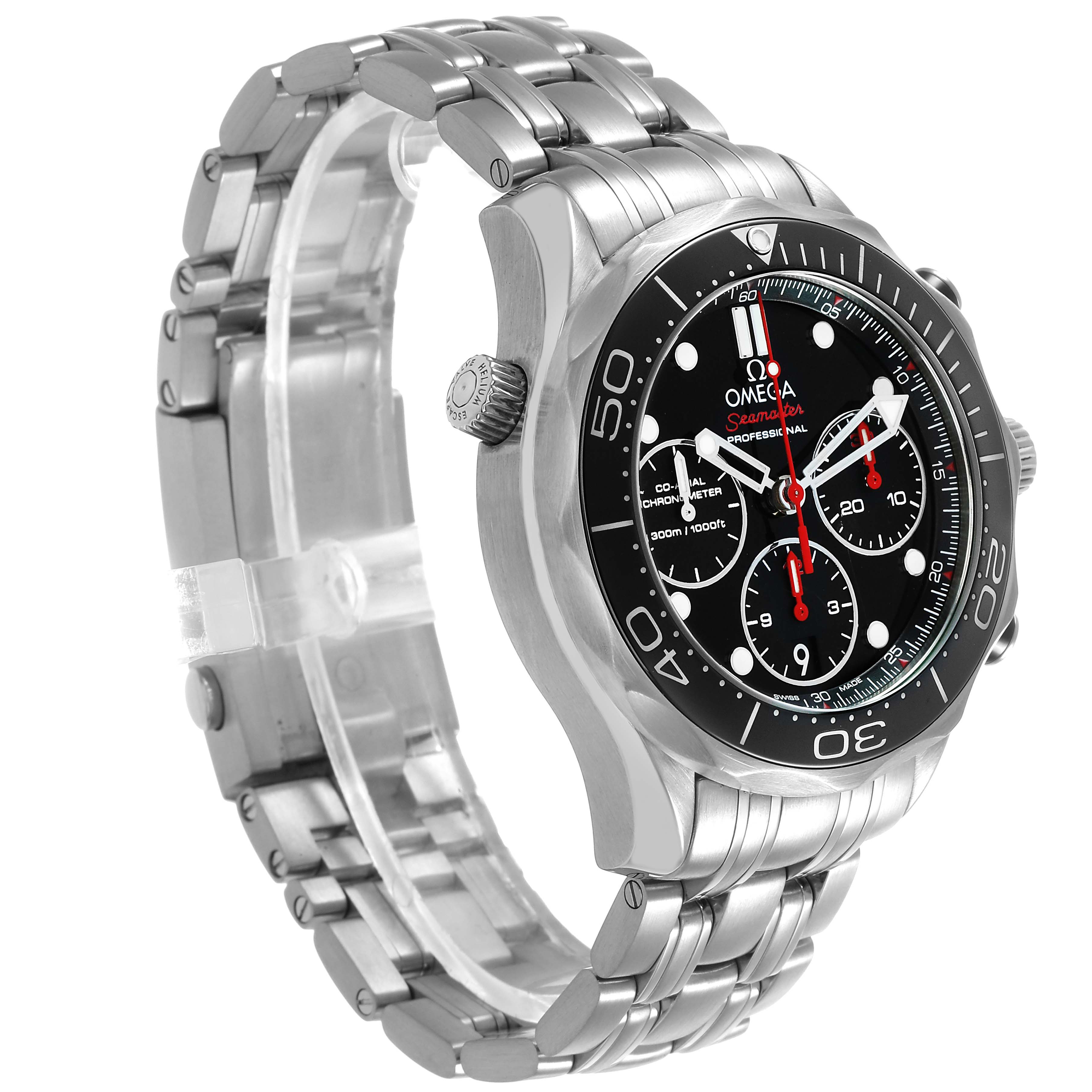 The Omega Seamaster 212.30.42.50.01.001 Men's Stainless Steel Black Dial watch is shown at a three-quarter angle, highlighting the bezel, bracelet, and crown.
