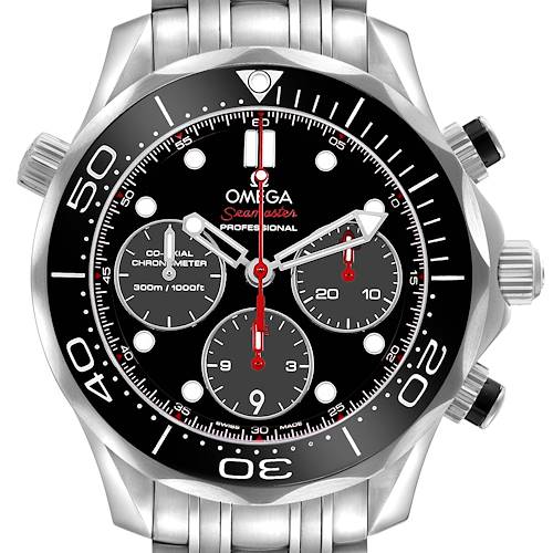 The Omega Seamaster 212.30.42.50.01.001 Men's Stainless Steel Black Dial watch is shown from a front angle, highlighting the dial and bezel.
