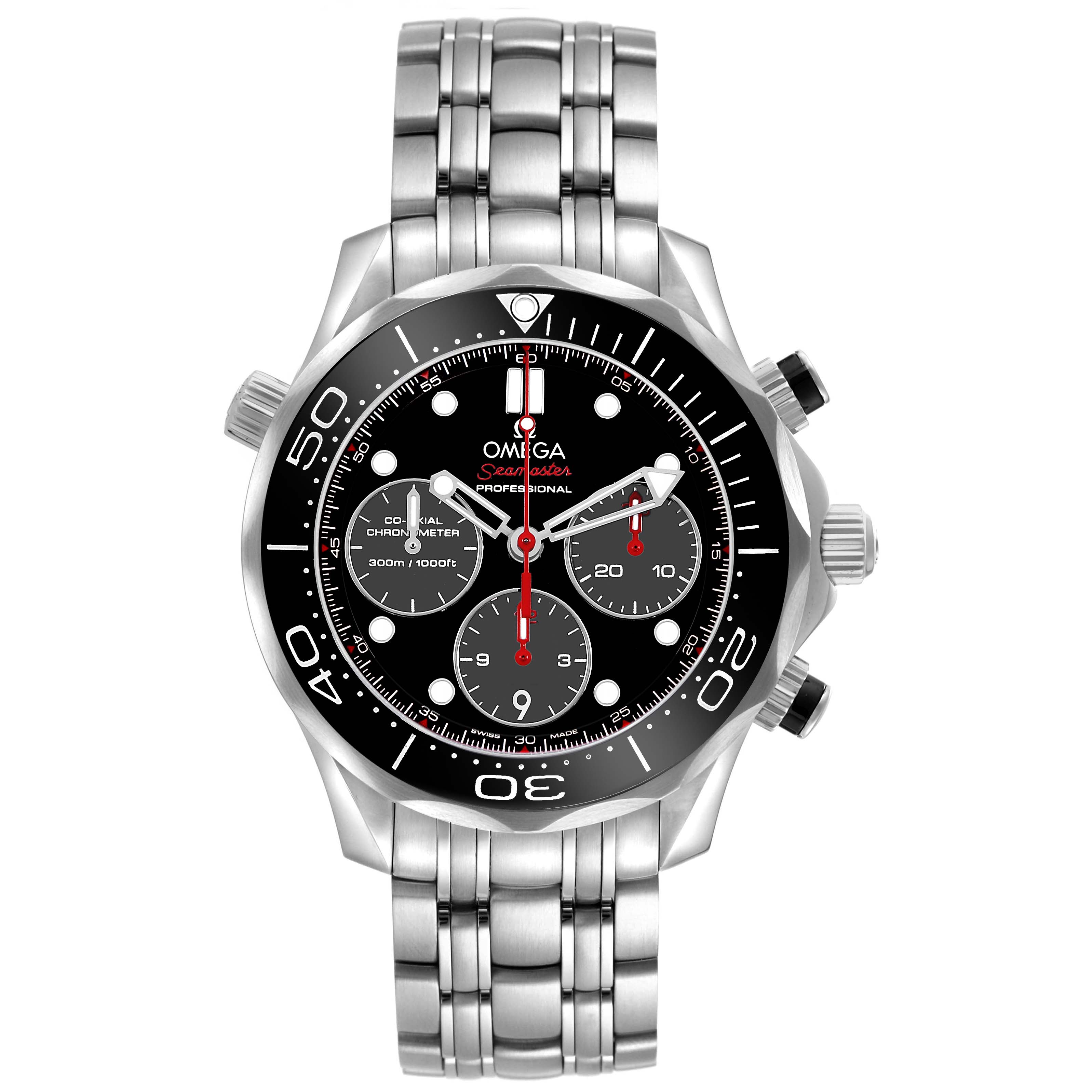The Omega Seamaster 212.30.42.50.01.001 Men's Stainless Steel Black Dial watch is shown from the front, displaying the dial, bezel, bracelet, and chronograph pushers.
