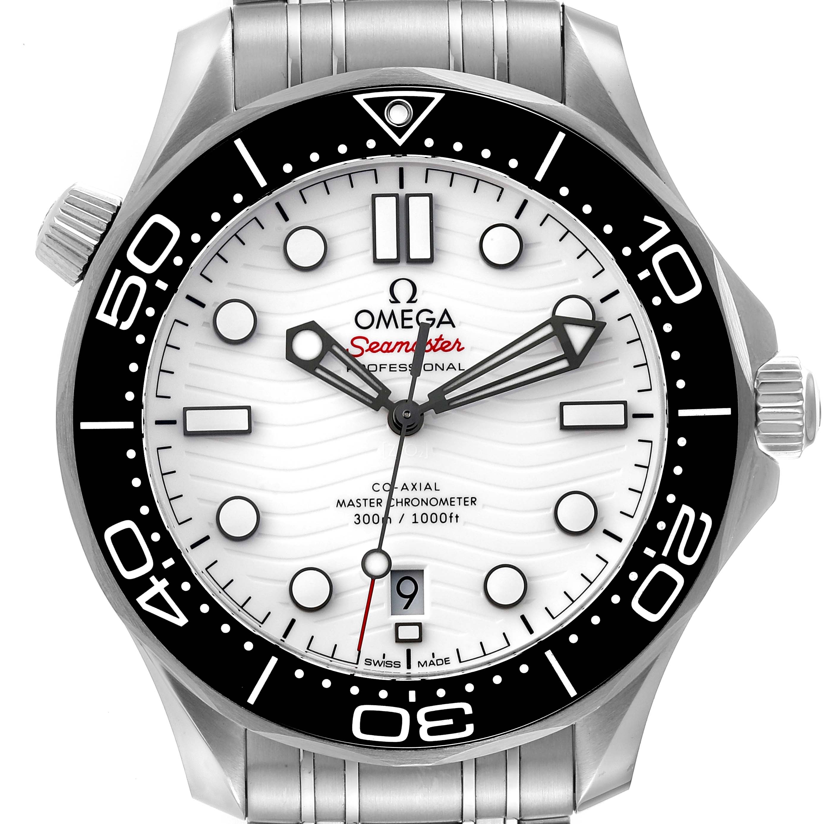 The image shows a front view of the Omega Seamaster 210.30.42.20.04.001 Men's Stainless Steel White Dial 210.30.42.20.04.001 Men's Stainless Steel White Dial watch, highlighting the dial, bezel, and hands.