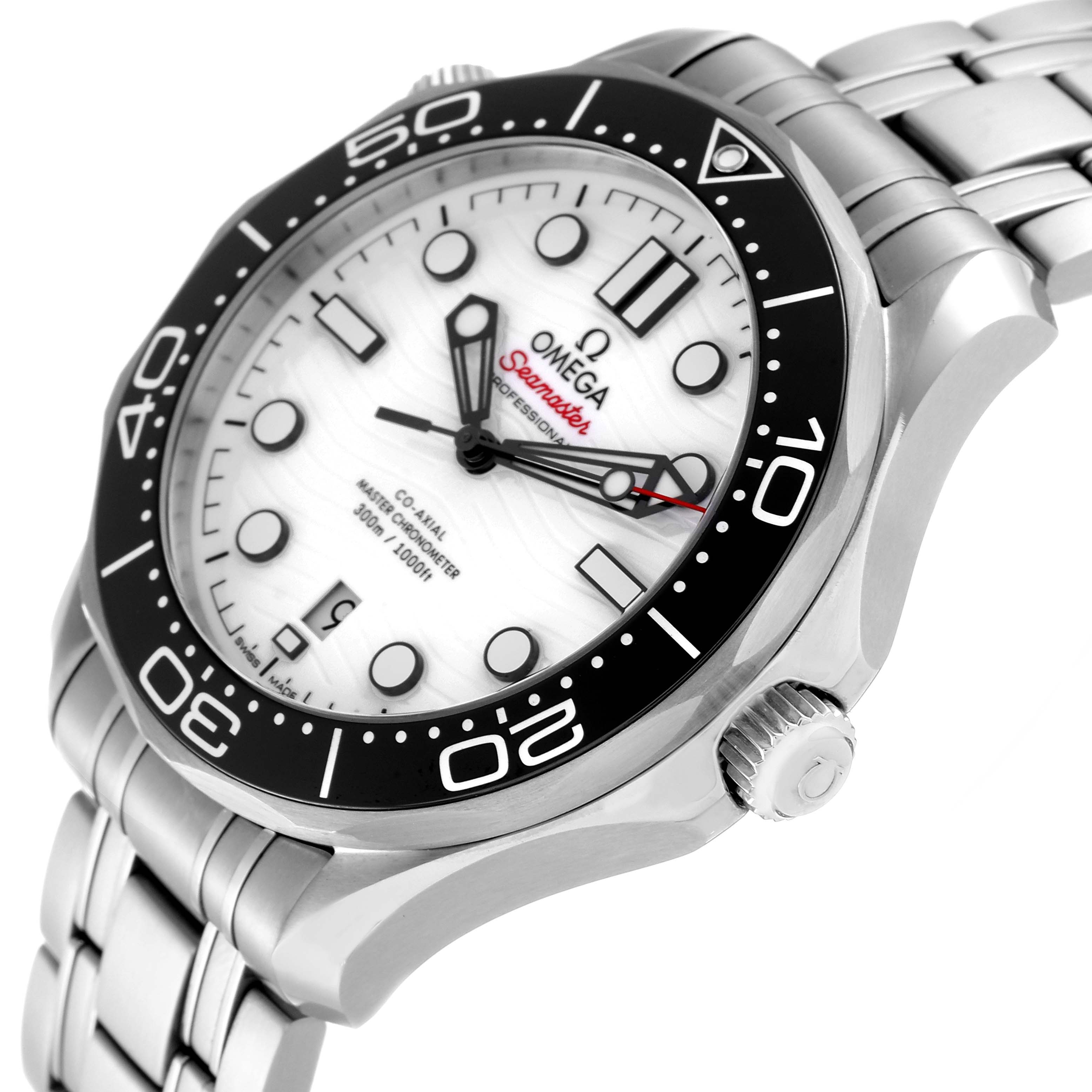 The Omega Seamaster 210.30.42.20.04.001 Men's Stainless Steel White Dial 210.30.42.20.04.001 Men's Stainless Steel White Dial watch is shown at a slight side angle, highlighting the face, bezel, crown, and part of the bracelet.