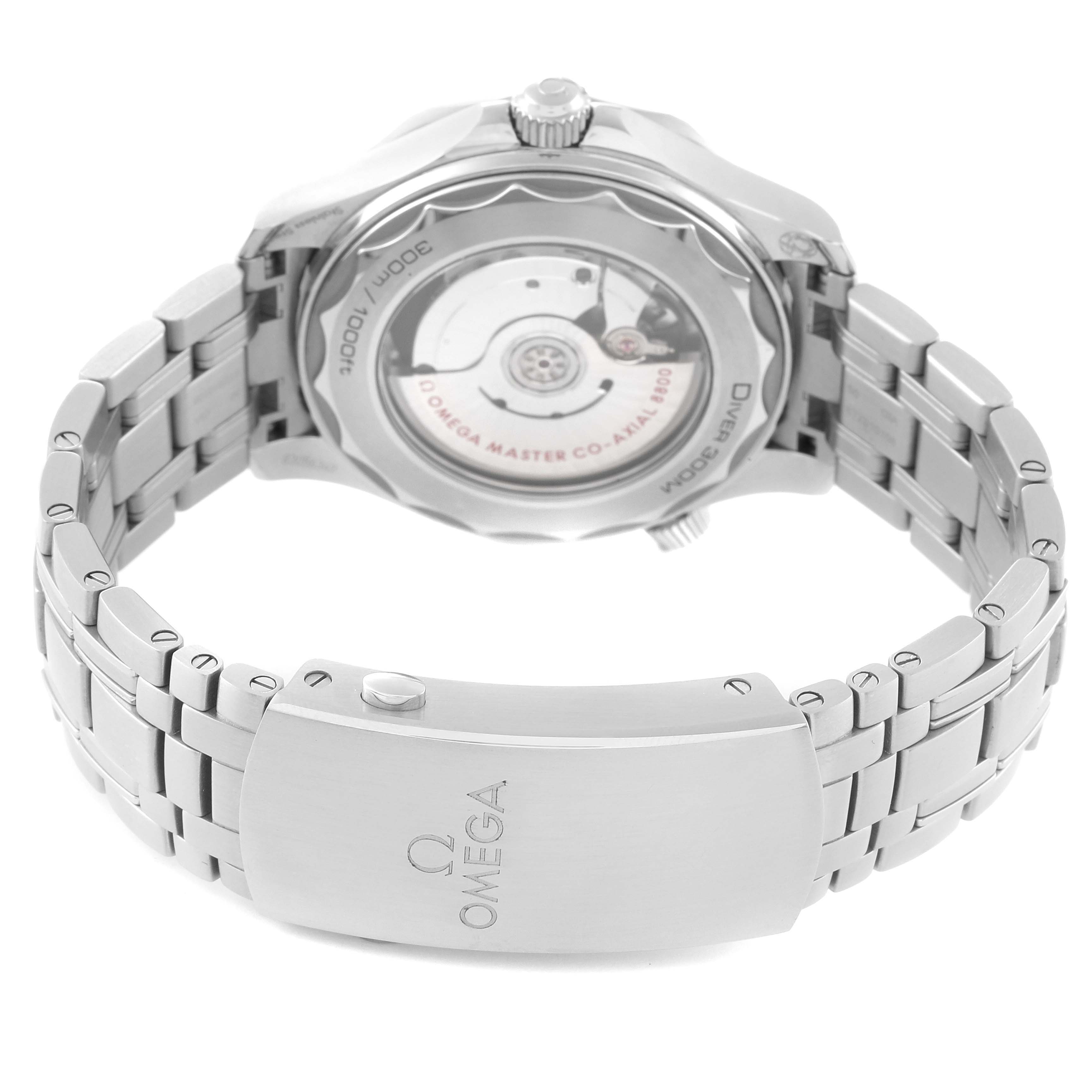 The image shows the back of an Omega Seamaster 210.30.42.20.04.001 Men's Stainless Steel White Dial 210.30.42.20.04.001 Men's Stainless Steel White Dial watch, highlighting its metal band, clasp, and transparent case-back.