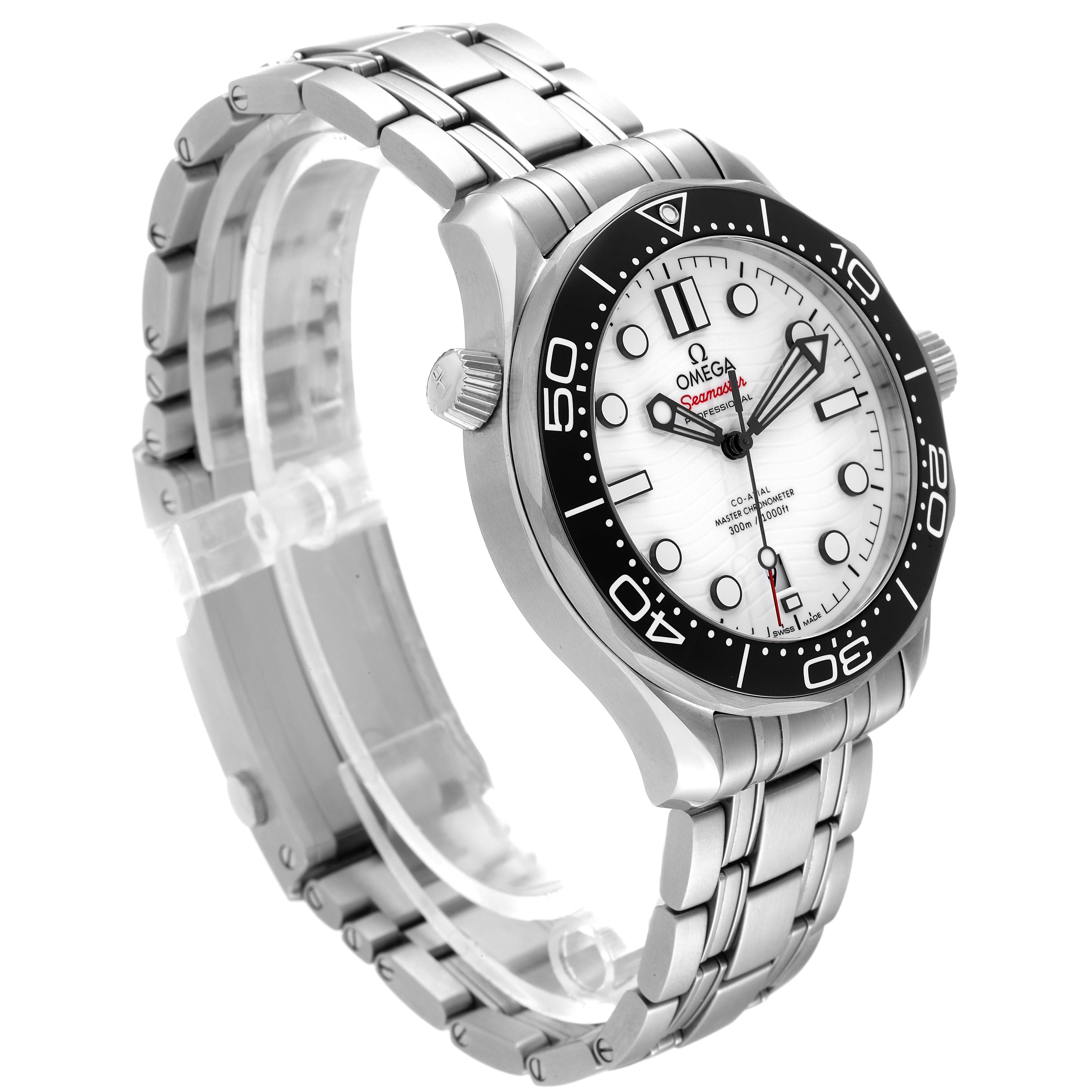 The image shows an Omega Seamaster 210.30.42.20.04.001 Men's Stainless Steel White Dial 210.30.42.20.04.001 Men's Stainless Steel White Dial watch at a three-quarter angle, highlighting the dial, bezel, crown, and stainless steel bracelet.