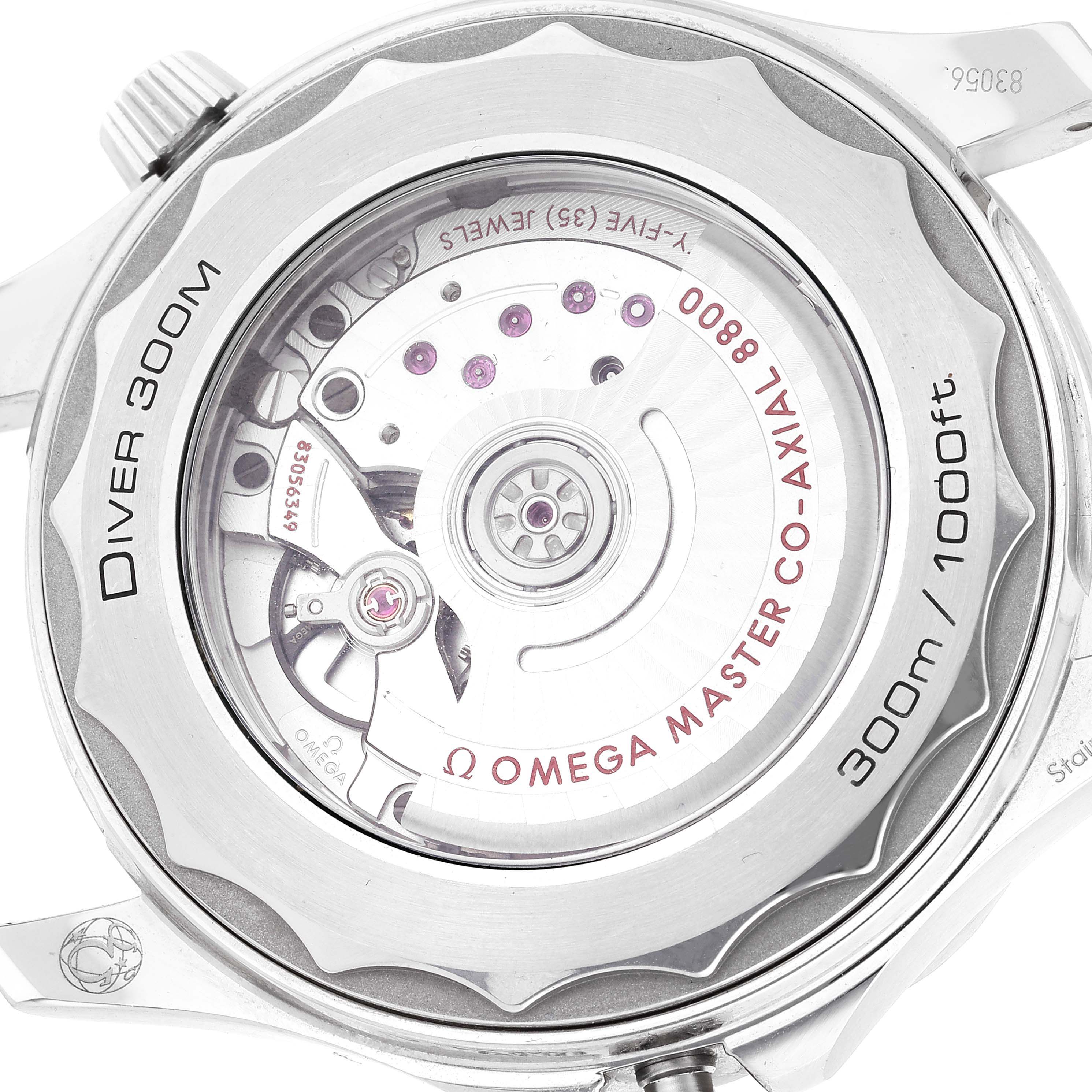 This image shows the back view of the Omega Seamaster 210.30.42.20.04.001 Men's Stainless Steel White Dial 210.30.42.20.04.001 Men's Stainless Steel White Dial Diver 300M watch, highlighting its internal mechanism.