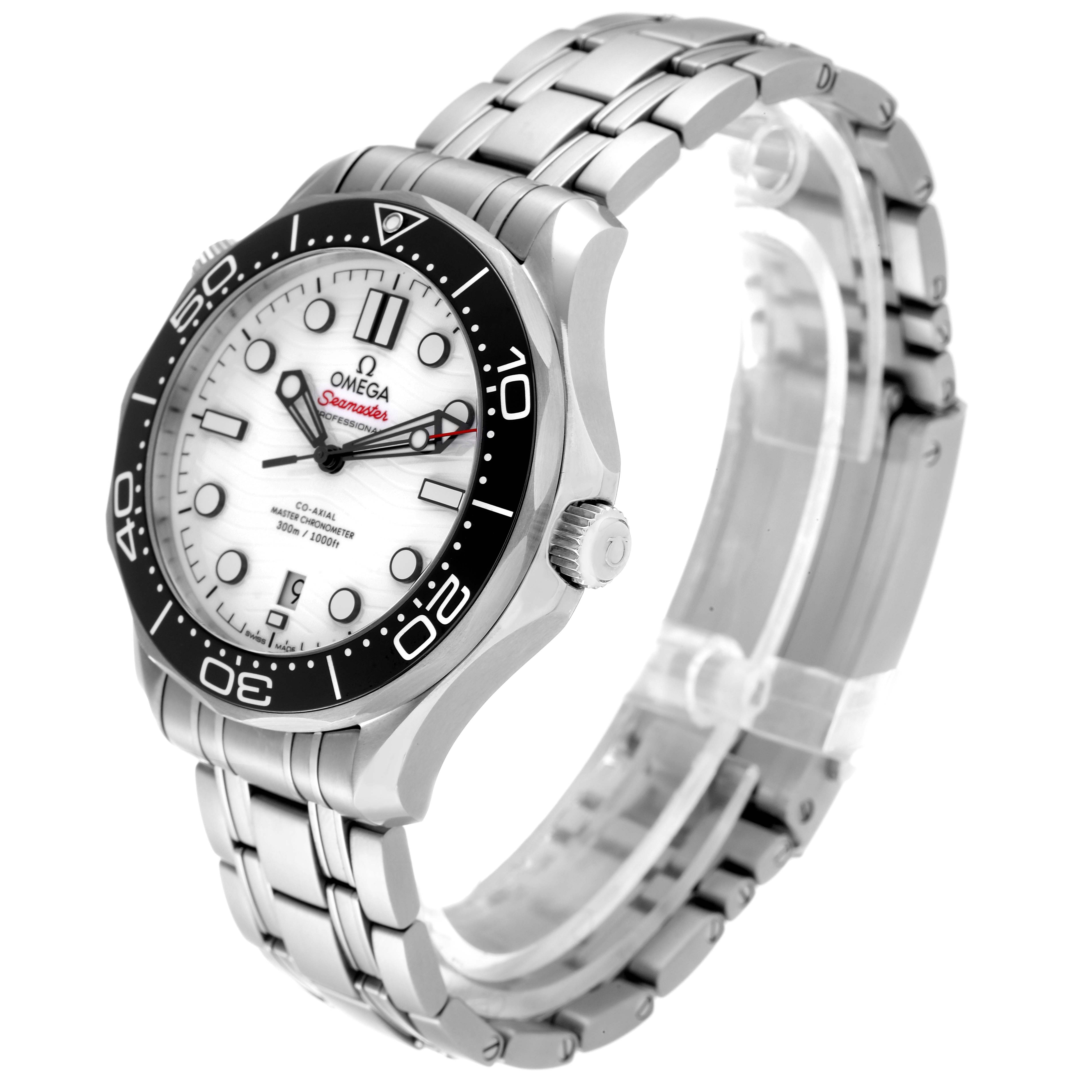 The image shows an Omega Seamaster 210.30.42.20.04.001 Men's Stainless Steel White Dial 210.30.42.20.04.001 Men's Stainless Steel White Dial watch at an angle highlighting the face, bezel, and metal bracelet.
