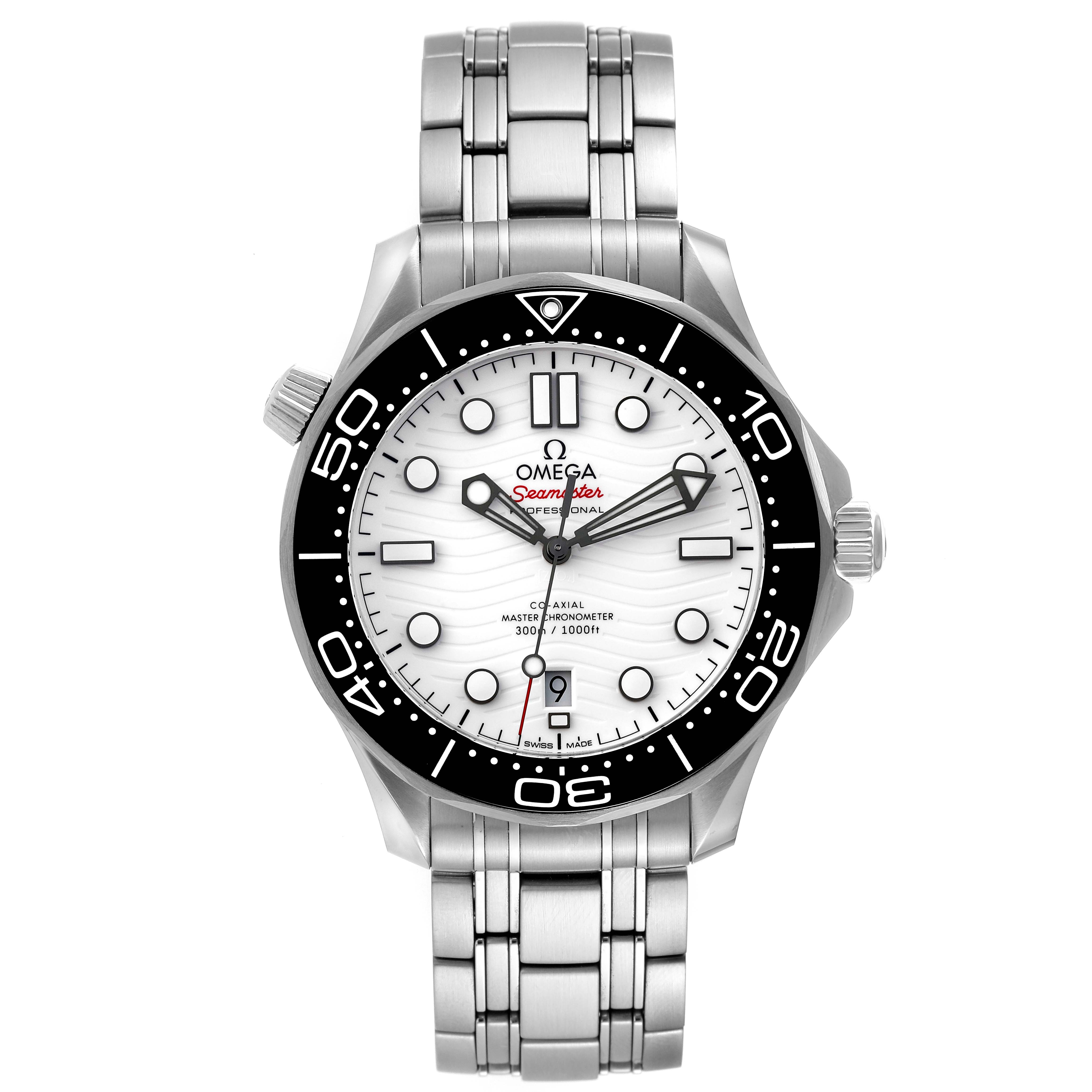 The image shows a front view of the Omega Seamaster 210.30.42.20.04.001 Men's Stainless Steel White Dial 210.30.42.20.04.001 Men's Stainless Steel White Dial watch, highlighting its face, bezel, crown, and stainless steel bracelet.