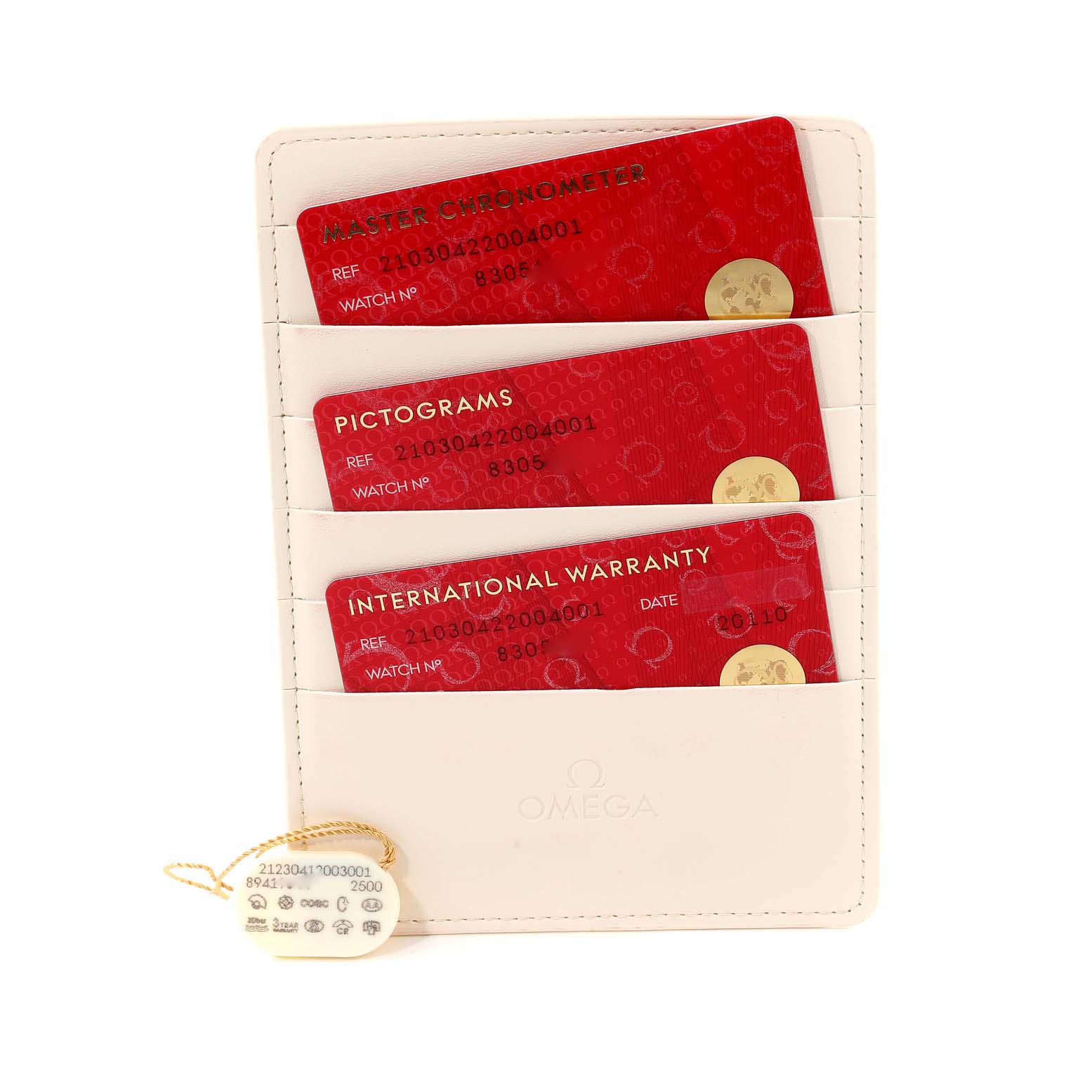 The image shows warranty and certification cards along with a tag for an Omega Seamaster 210.30.42.20.04.001 Men's Stainless Steel White Dial 210.30.42.20.04.001 Men's Stainless Steel White Dial watch displayed in a cardholder.