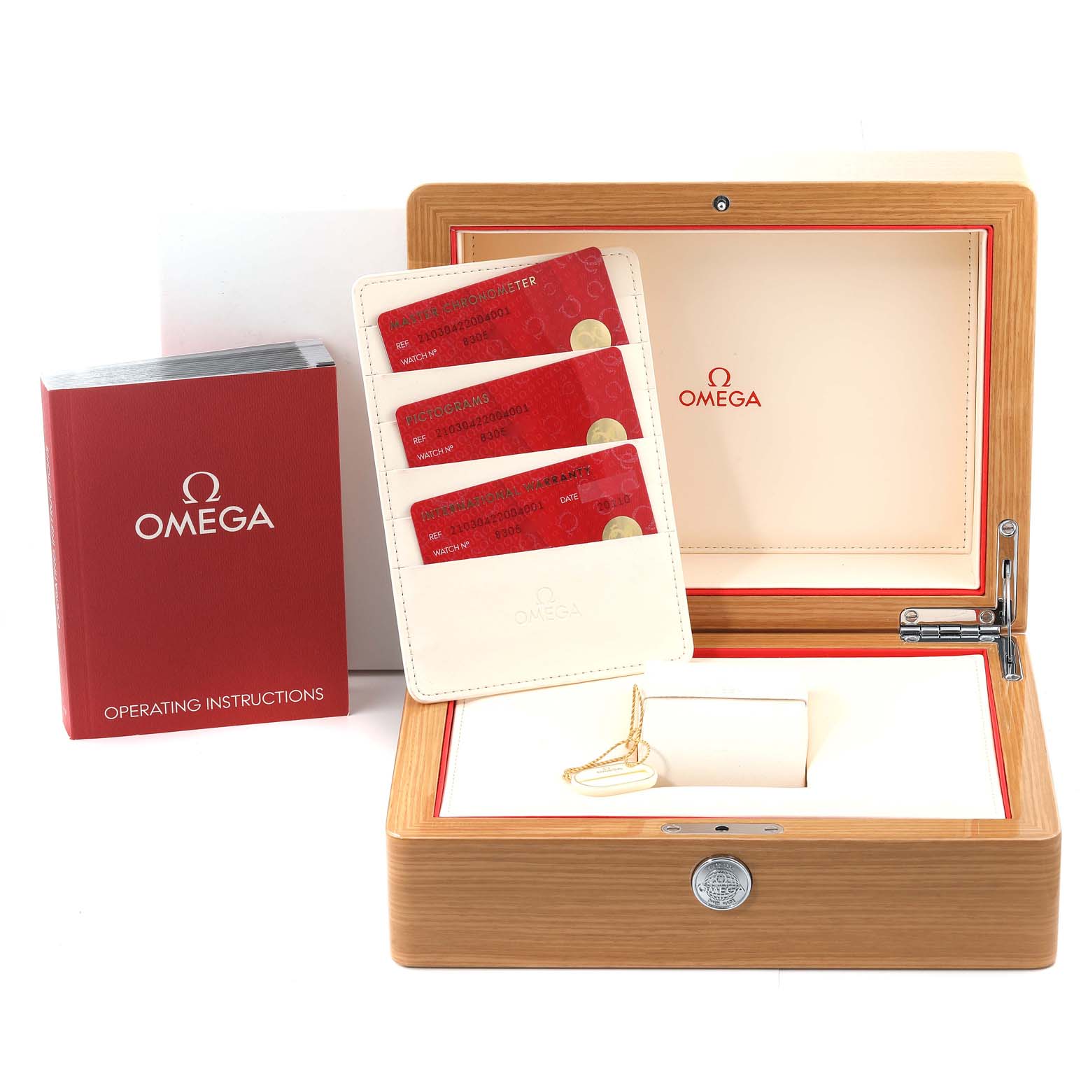 The image shows an Omega Seamaster 210.30.42.20.04.001 Men's Stainless Steel White Dial 210.30.42.20.04.001 Men's Stainless Steel White Dial watch box, three red cards, a white wallet, and a red operating instructions booklet.