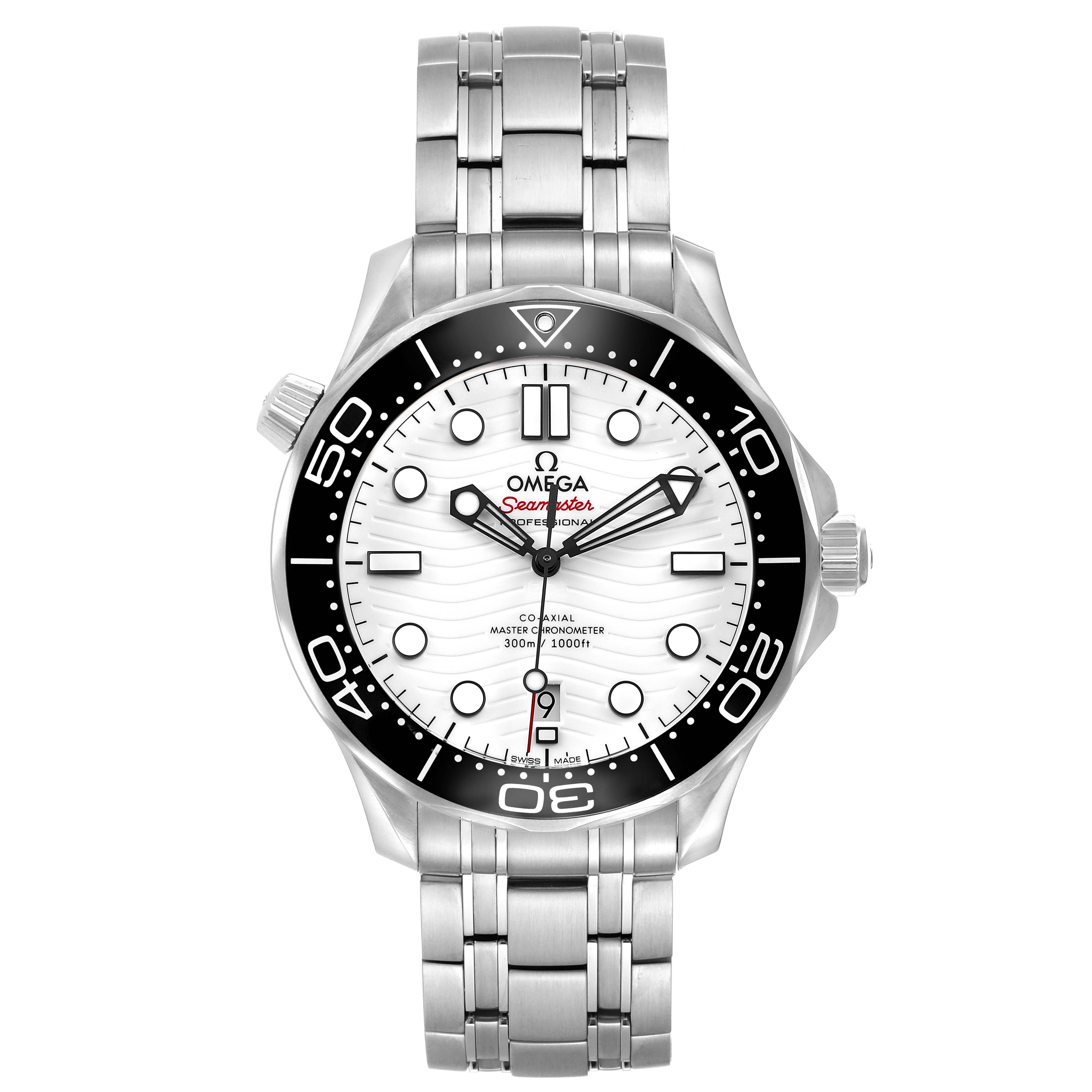 The Omega Seamaster 210.30.42.20.04.001 Men's Stainless Steel White Dial watch is shown from a front angle, displaying its dial, bezel, and metal bracelet.