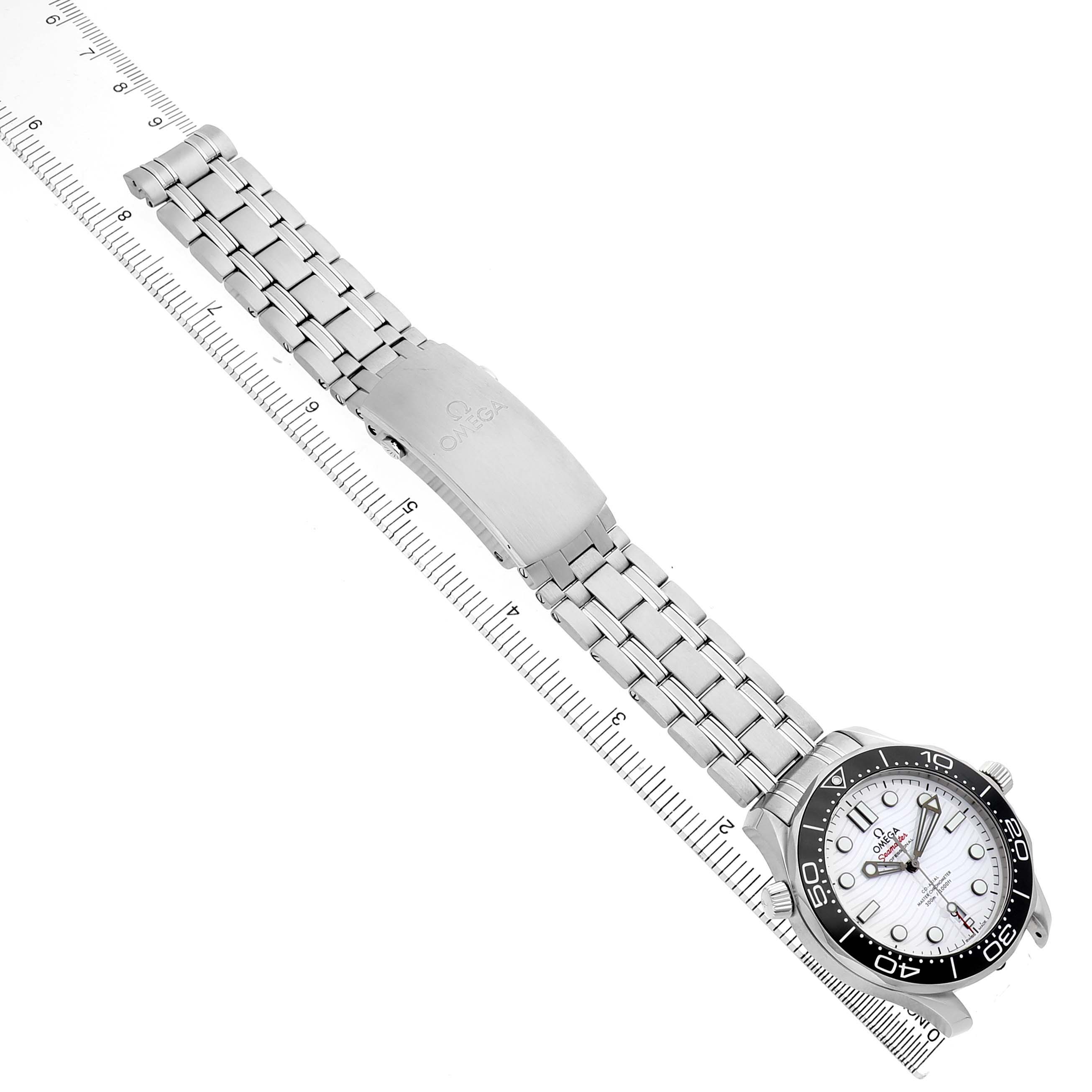 The Omega Seamaster 210.30.42.20.04.001 Men's Stainless Steel White Dial watch is displayed at a diagonal angle, showing the dial, bezel, bracelet, and clasp.