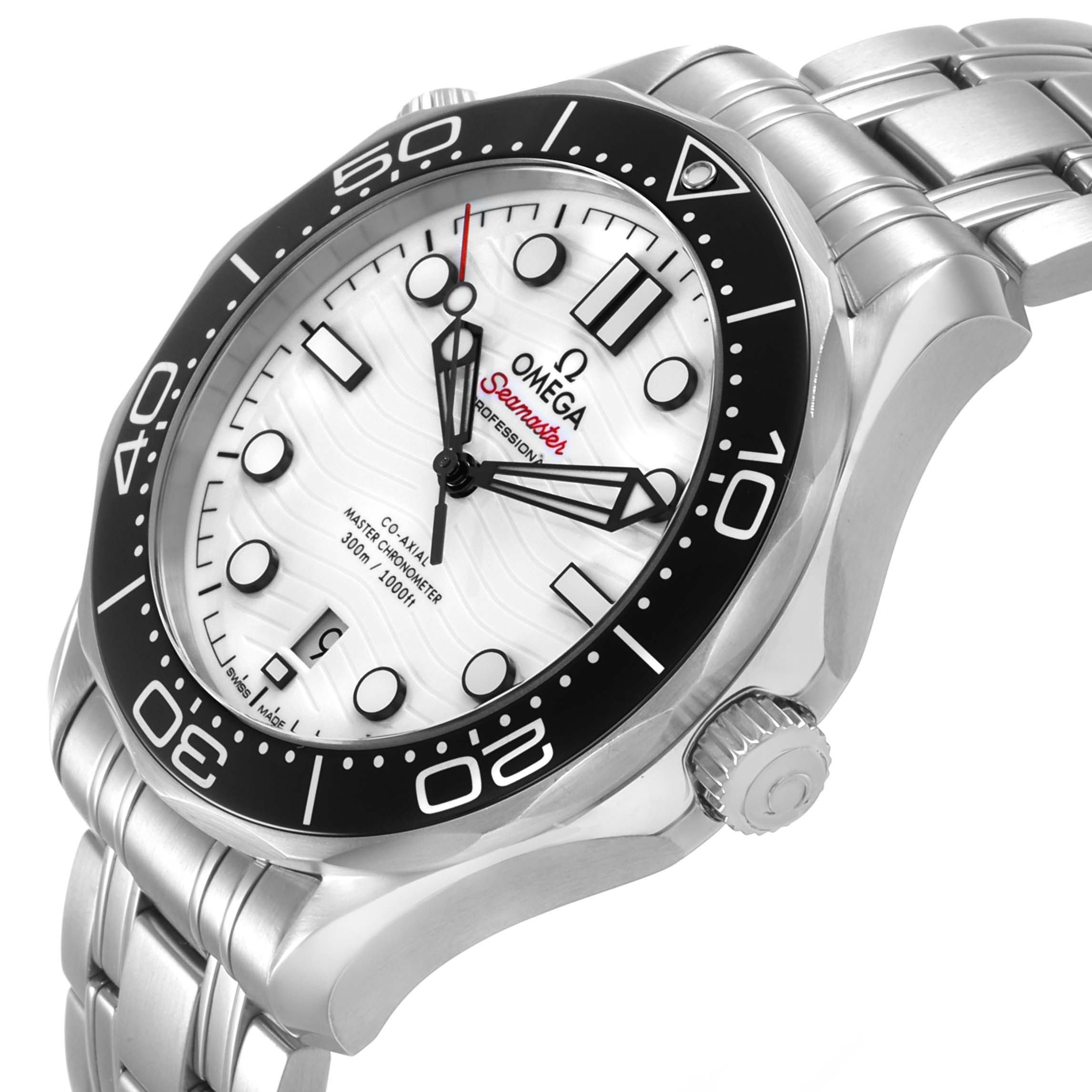 The Omega Seamaster 210.30.42.20.04.001 Men's Stainless Steel White Dial watch is shown at a tilted angle, highlighting the face, bezel, crown, and part of the bracelet.