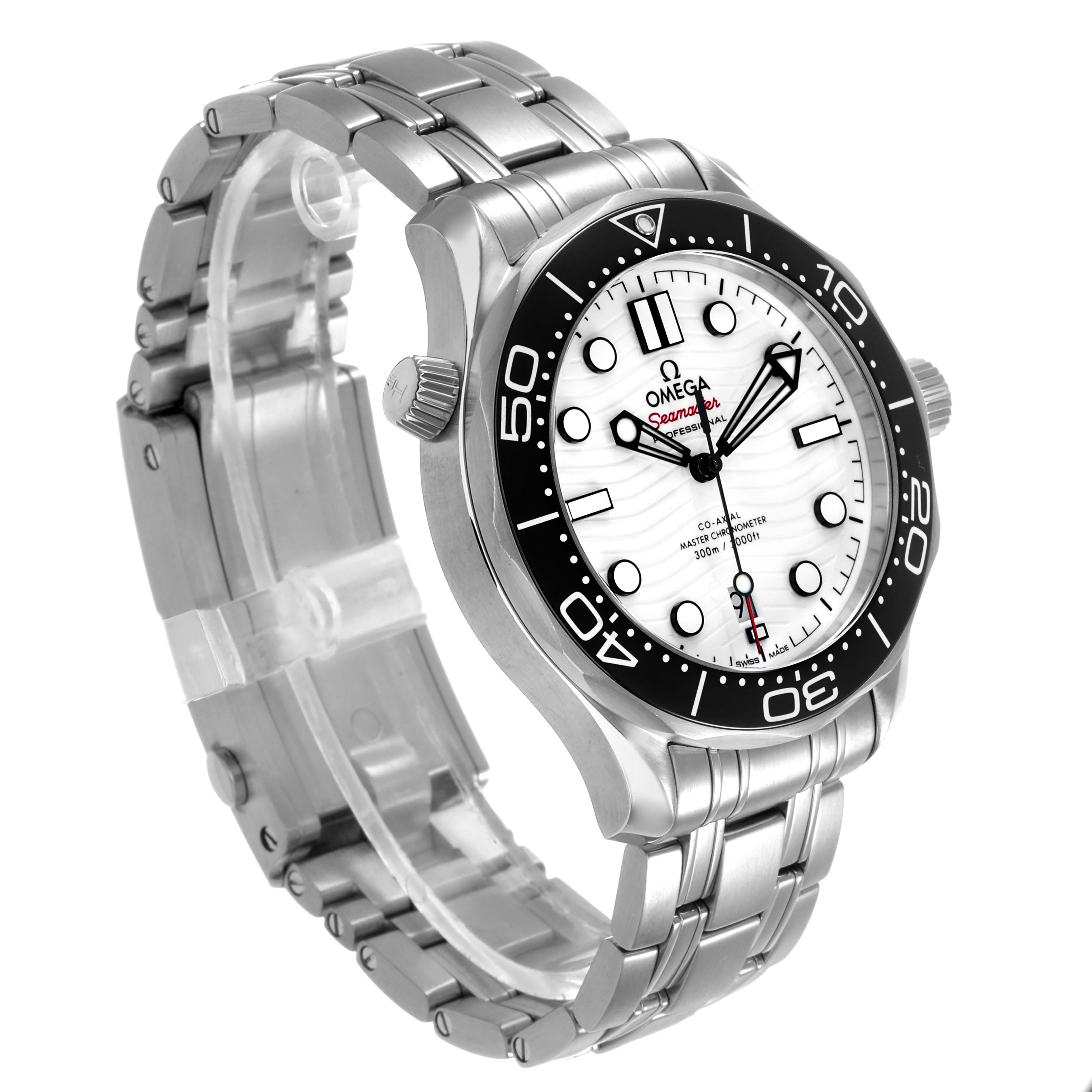 The Omega Seamaster 210.30.42.20.04.001 Men's Stainless Steel White Dial watch is shown at a front-side angle, highlighting the dial, bezel, and stainless steel bracelet.