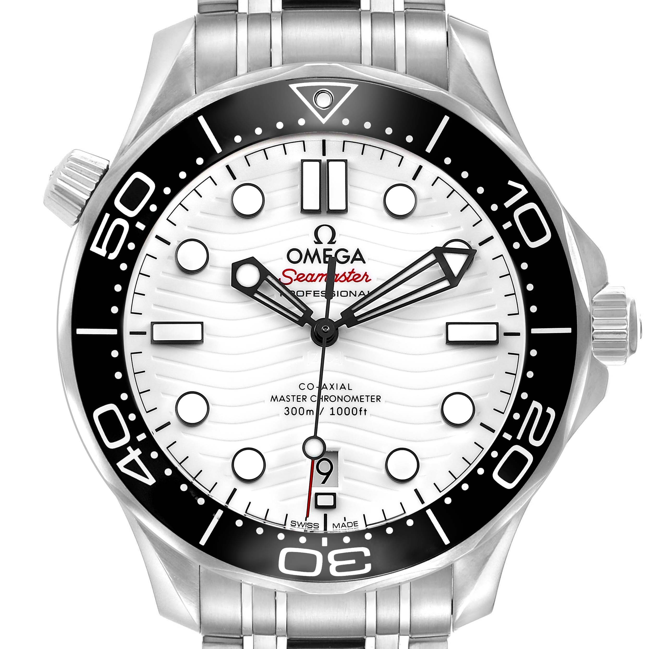 The Omega Seamaster 210.30.42.20.04.001 Men's Stainless Steel White Dial watch is shown from a front angle, displaying its face, bezel, hands, and bracelet.