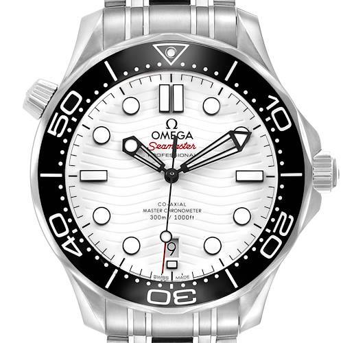 The Omega Seamaster 210.30.42.20.04.001 Men's Stainless Steel White Dial watch is shown from the front, highlighting the dial, bezel, and hands.