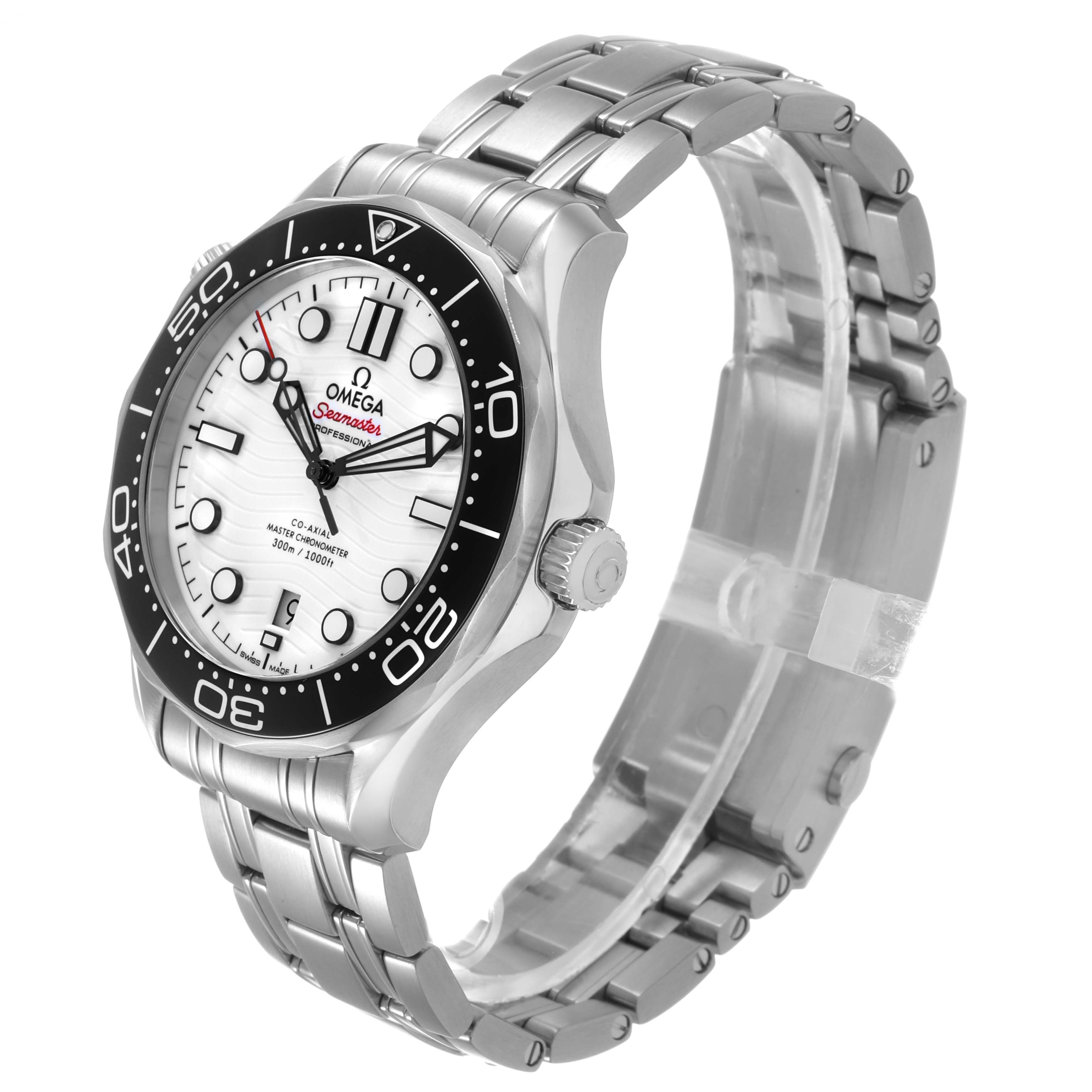 The Omega Seamaster 210.30.42.20.04.001 Men's Stainless Steel White Dial watch is shown from a three-quarter angle, displaying the bezel, dial, crown, and bracelet.