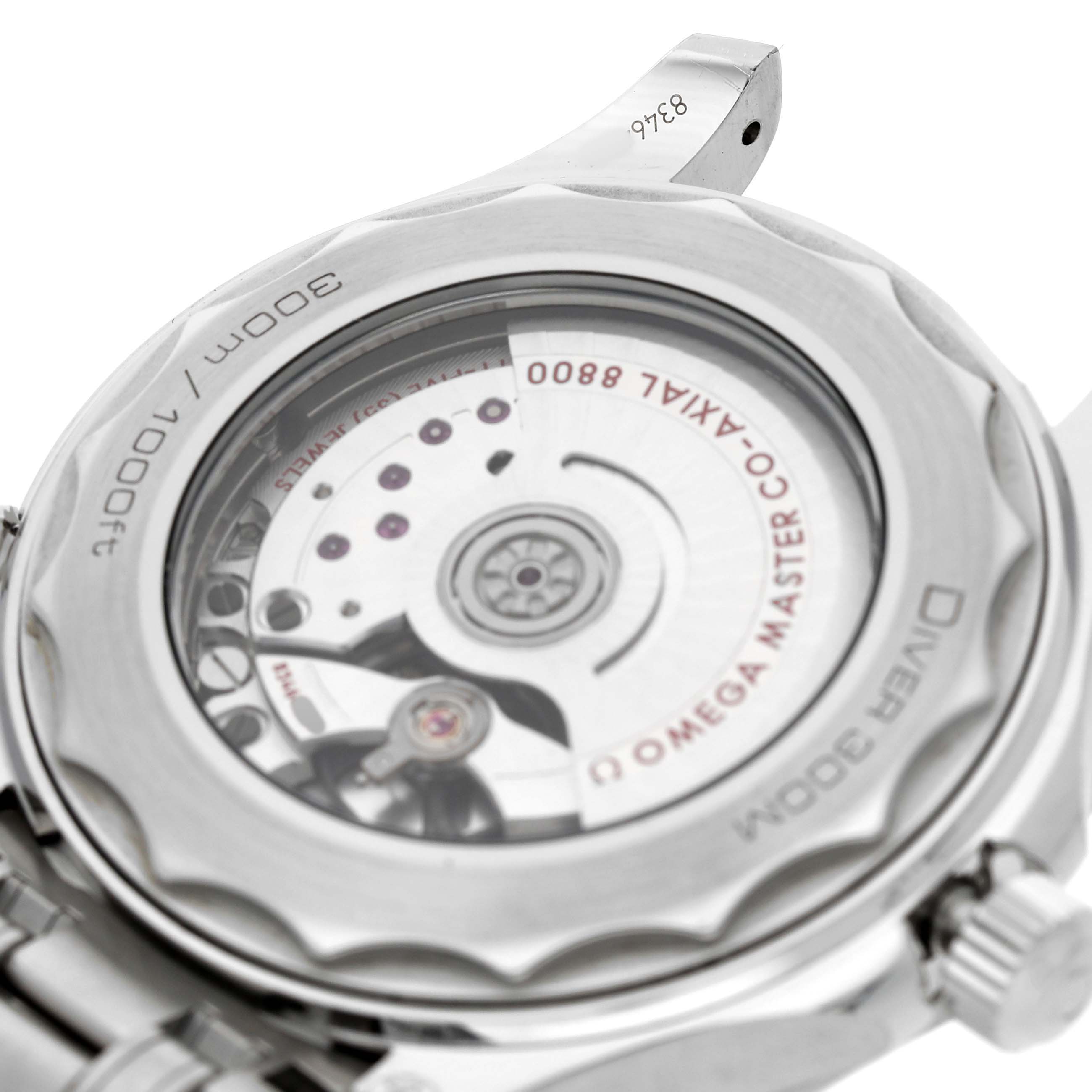 The image shows the back view of an Omega Seamaster 210.30.42.20.04.001 Men's Stainless Steel White Dial, focusing on its exhibition case back and movement details.