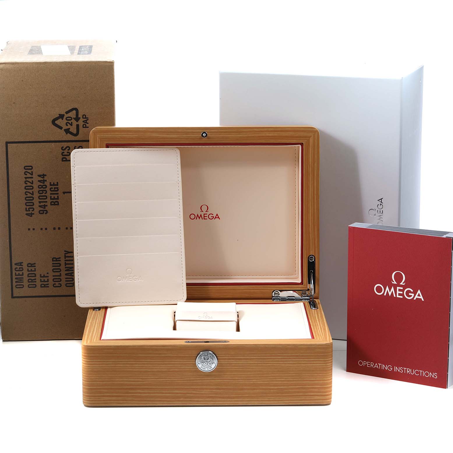 The image shows an Omega Seamaster 210.30.42.20.04.001 Men's Stainless Steel White Dial box, manual, and outer packaging from a front angle.