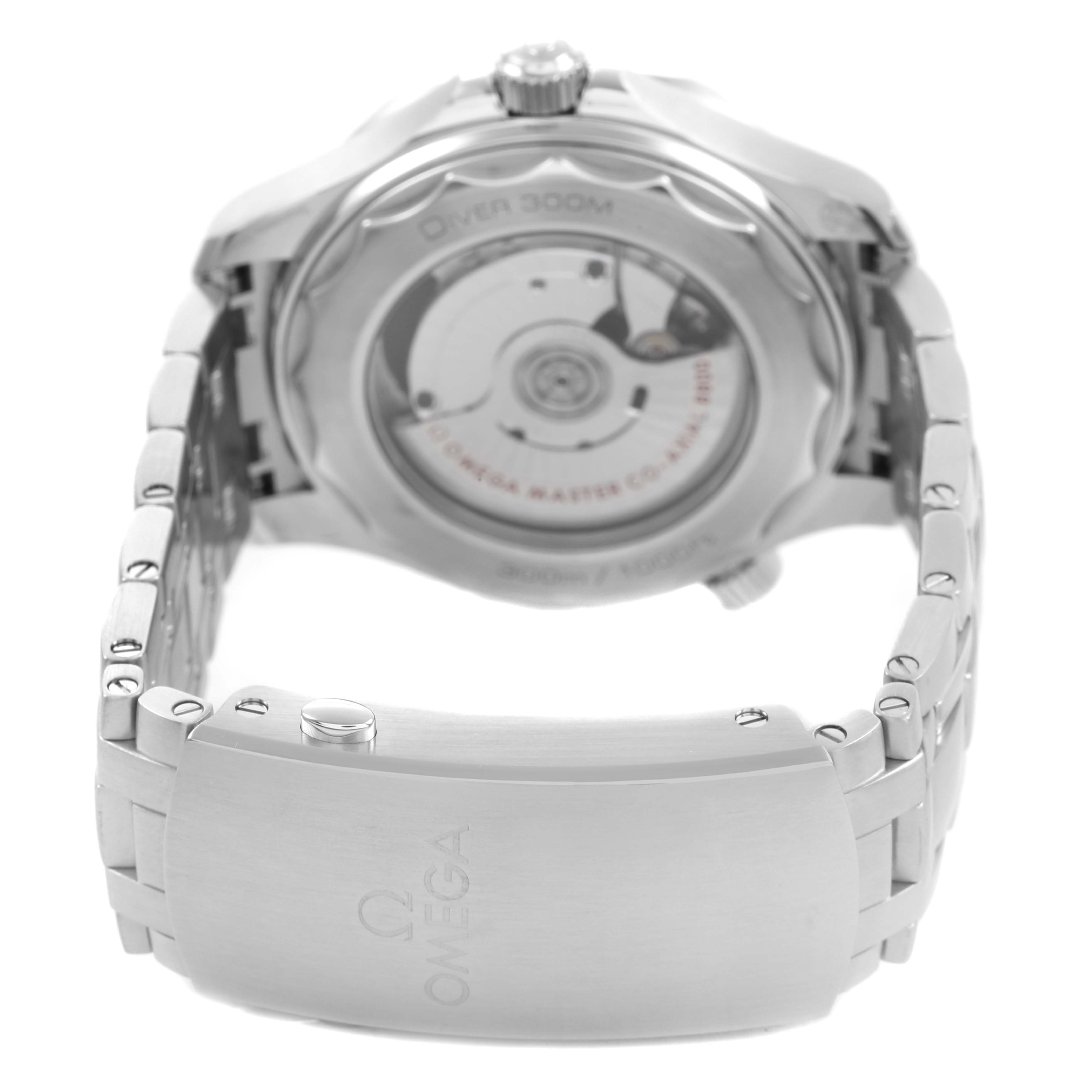 The image shows the Omega Seamaster 210.30.42.20.04.001 Men's Stainless Steel White Dial watch from the back, highlighting its case back and bracelet clasp.