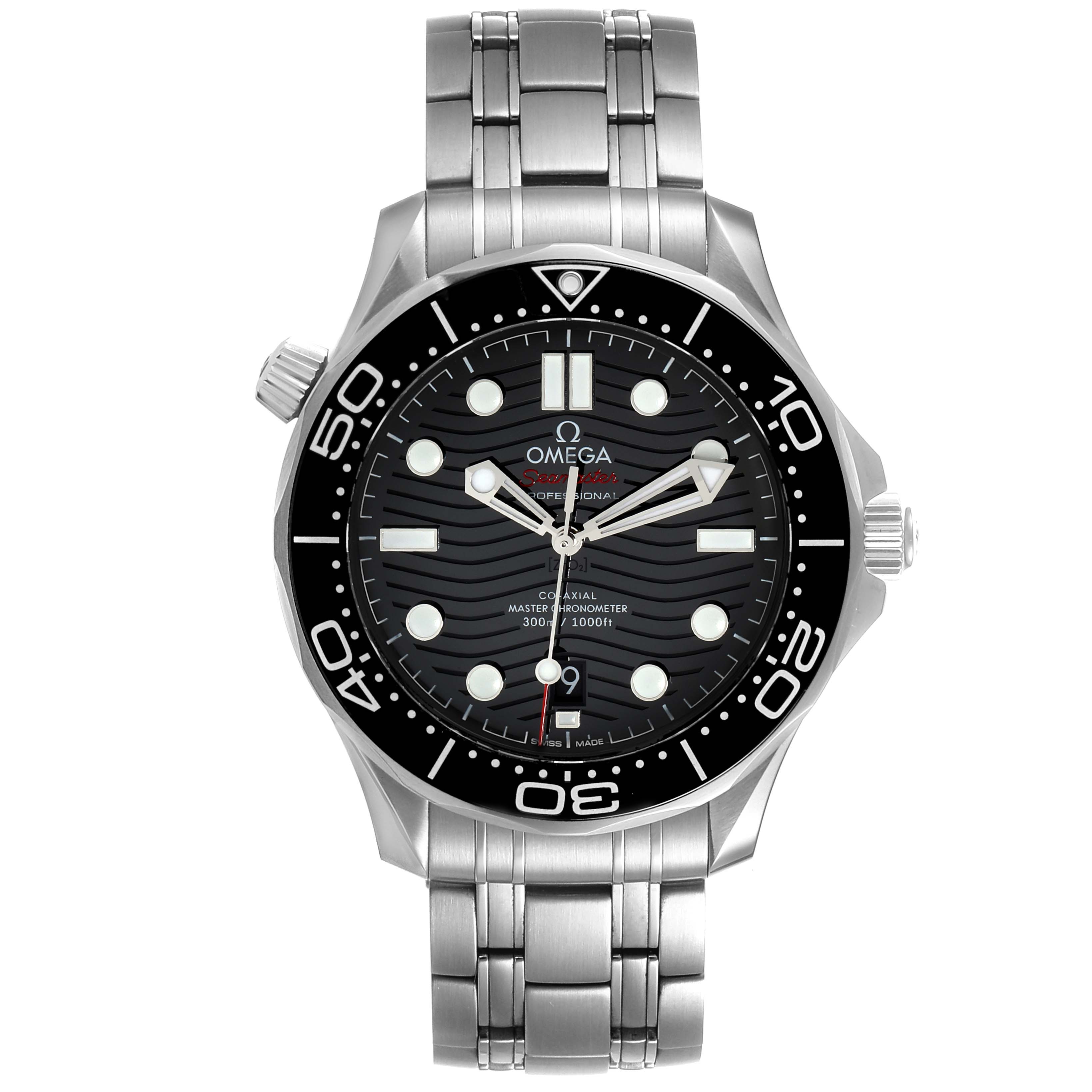 This image shows a frontal view of the Omega Seamaster 210.30.42.20.01.001 Men's Stainless Steel Black Dial 210.30.42.20.01.001 Men's Stainless Steel Black Dial watch, highlighting its face, bezel, and stainless steel bracelet.