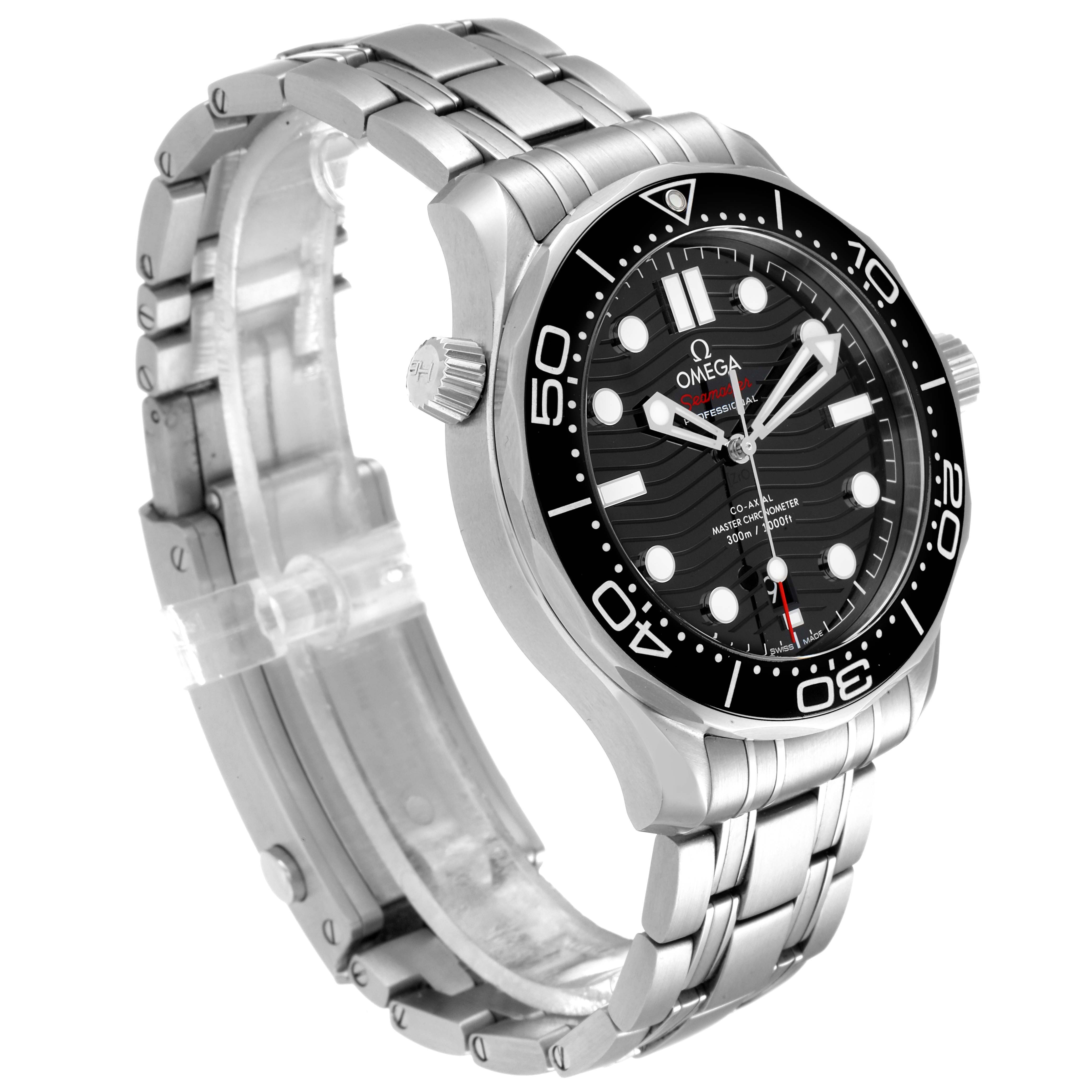 The Omega Seamaster 210.30.42.20.01.001 Men's Stainless Steel Black Dial 210.30.42.20.01.001 Men's Stainless Steel Black Dial watch is shown from a front angle, highlighting the face, bezel, and metal bracelet.