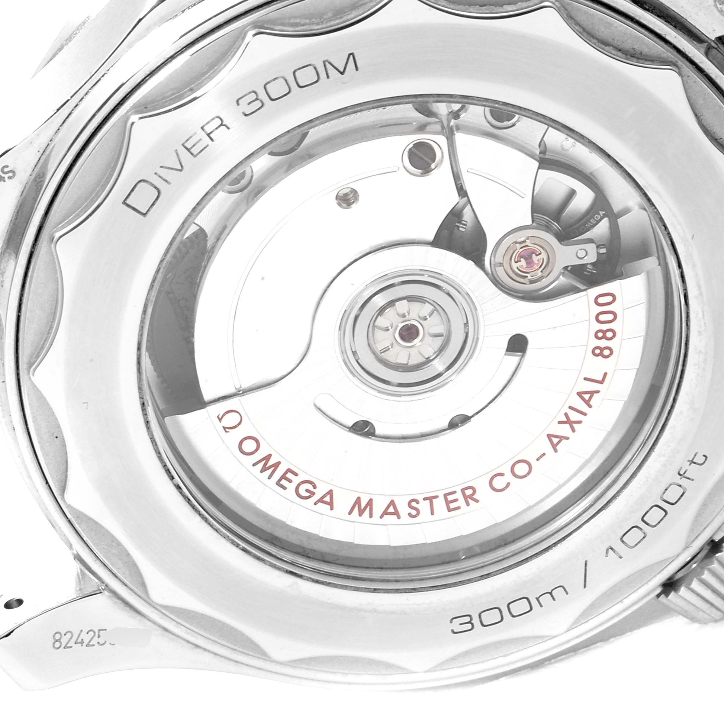 The image shows the case back of an Omega Seamaster 210.30.42.20.01.001 Men's Stainless Steel Black Dial 210.30.42.20.01.001 Men's Stainless Steel Black Dial watch, revealing the movement labeled "DIVER 300M" and "OMEGA MASTER CO-AXIAL 8800".