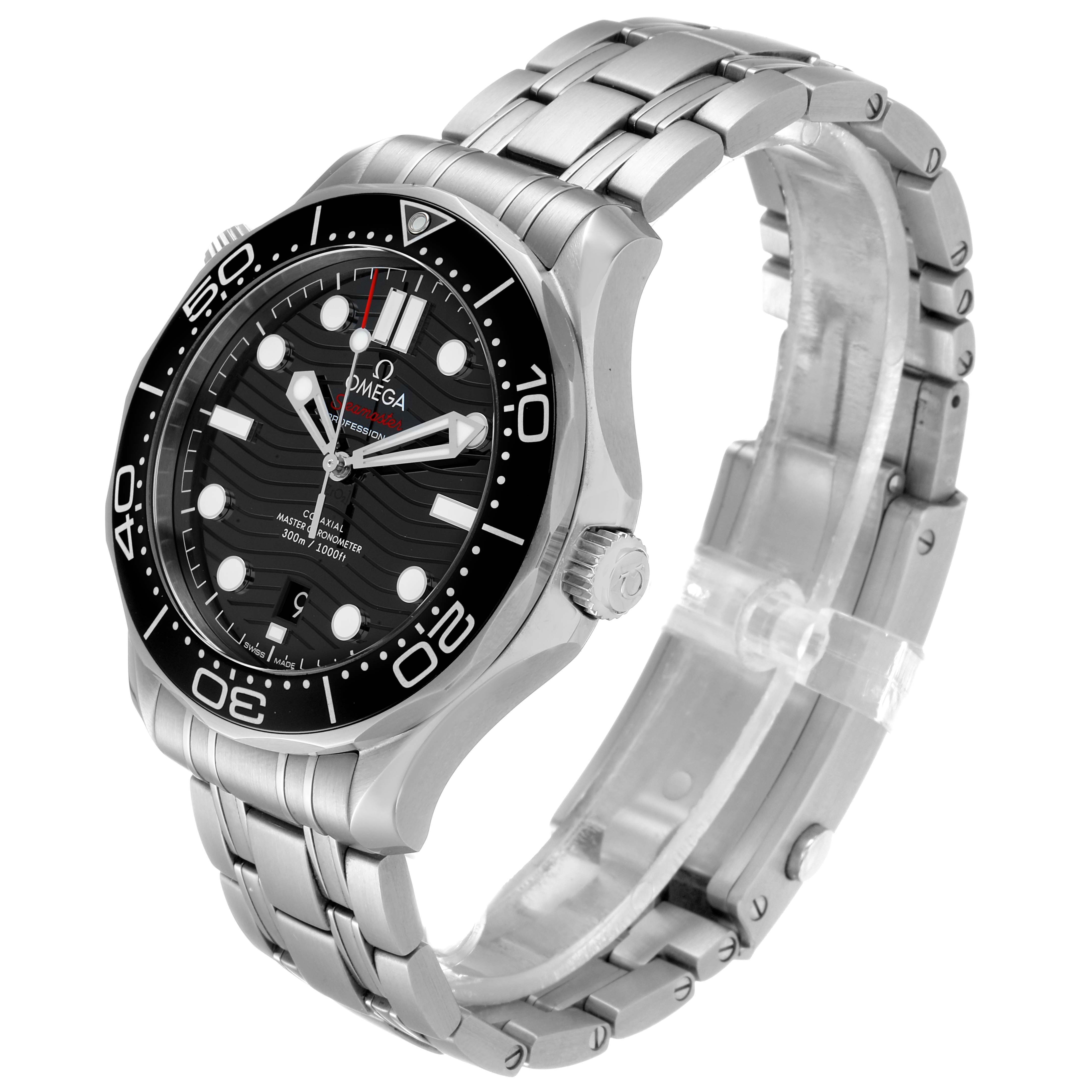 The image shows a side and front angle of the Omega Seamaster 210.30.42.20.01.001 Men's Stainless Steel Black Dial 210.30.42.20.01.001 Men's Stainless Steel Black Dial watch, highlighting the face, bezel, and bracelet.