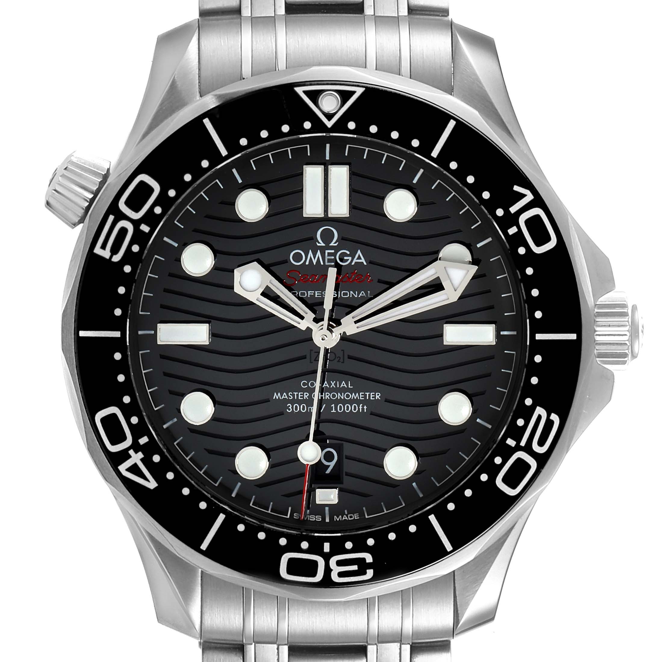 The image shows a front angle of the Omega Seamaster 210.30.42.20.01.001 Men's Stainless Steel Black Dial 210.30.42.20.01.001 Men's Stainless Steel Black Dial watch, highlighting the dial, bezel, and part of the bracelet.