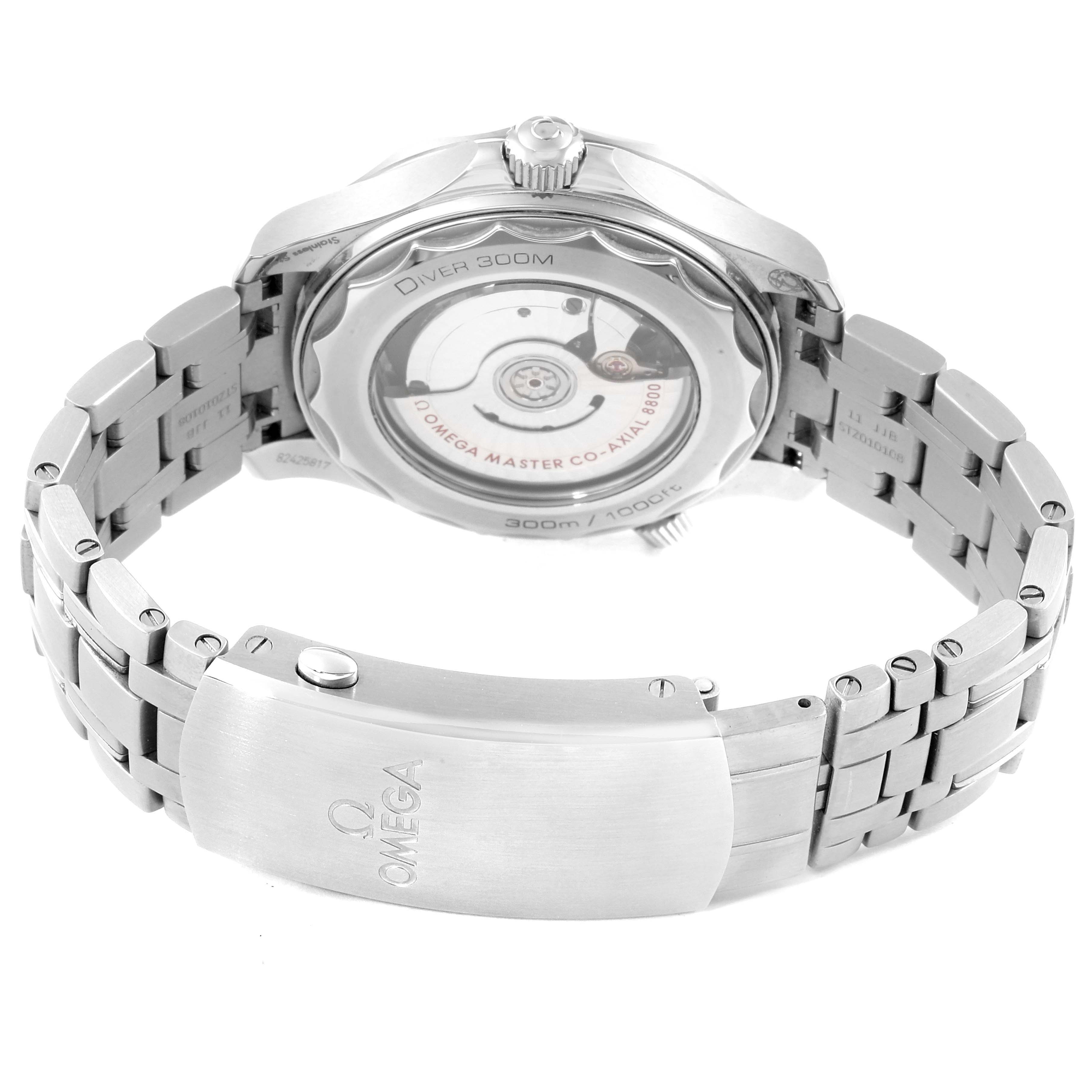 This image shows the back view and clasp of the Omega Seamaster 210.30.42.20.01.001 Men's Stainless Steel Black Dial 210.30.42.20.01.001 Men's Stainless Steel Black Dial's stainless steel bracelet and case, highlighting the movement.