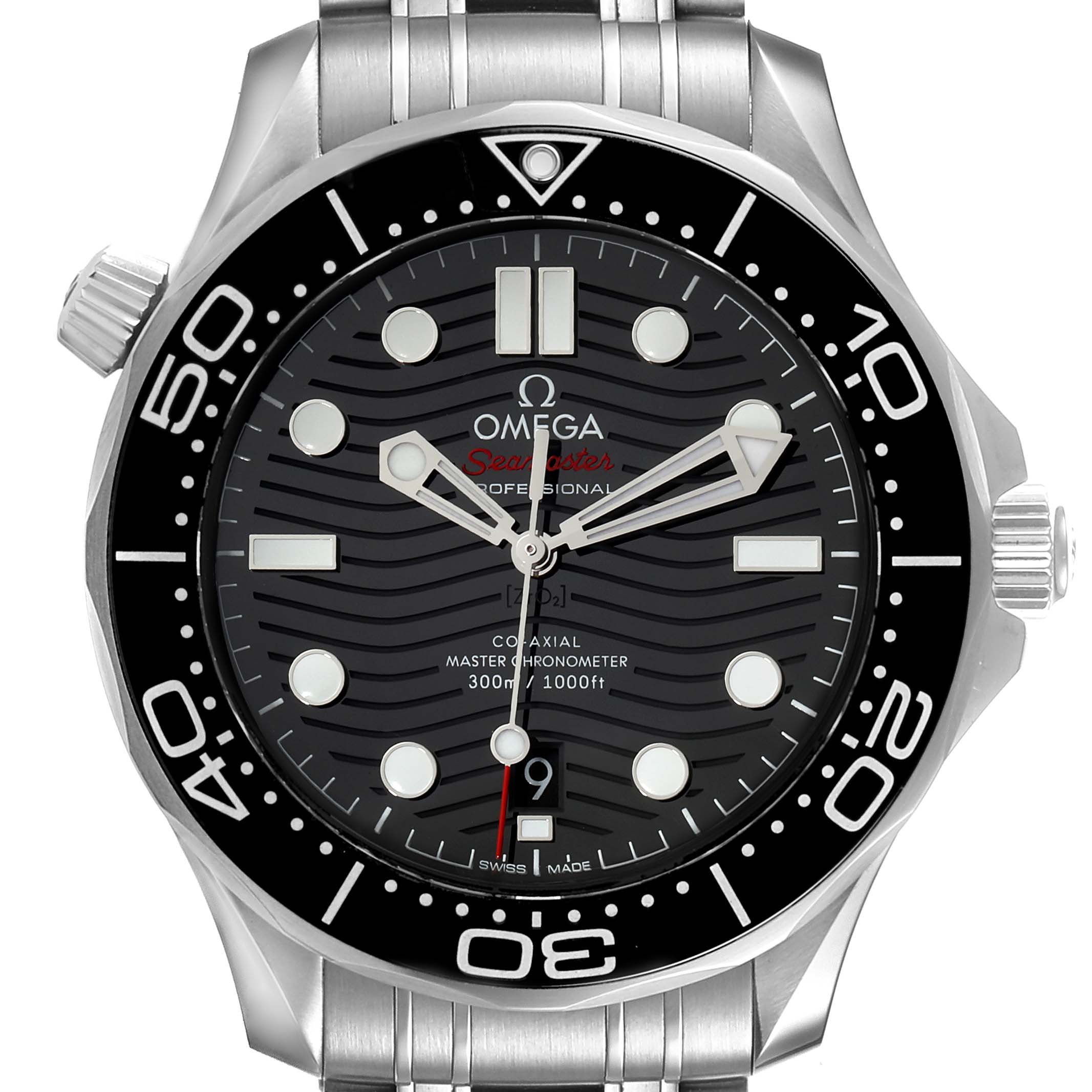 The image shows a front view of an Omega Seamaster 210.30.42.20.01.001 Men's Stainless Steel Black Dial 210.30.42.20.01.001 Men's Stainless Steel Black Dial watch, clearly displaying the dial, hands, bezel, and part of the bracelet.